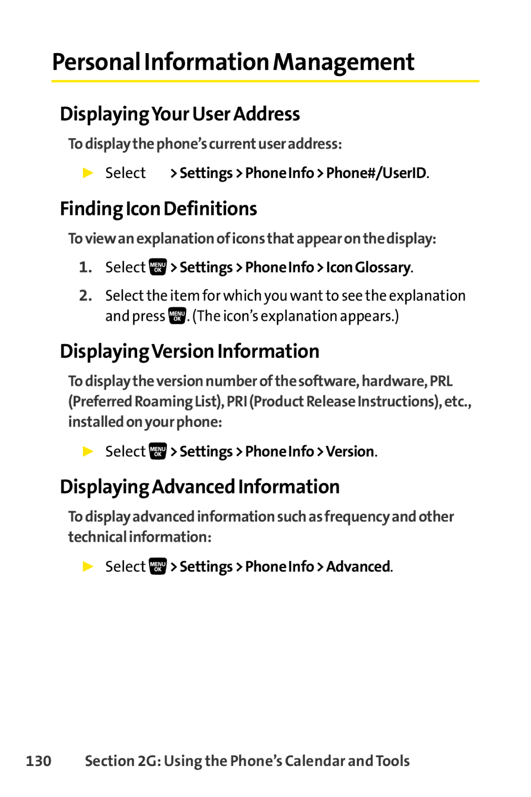 Sprint Nextel SCP-3200 manual Personal Information Management, DisplayingYour User Address, Finding Icon Definitions 