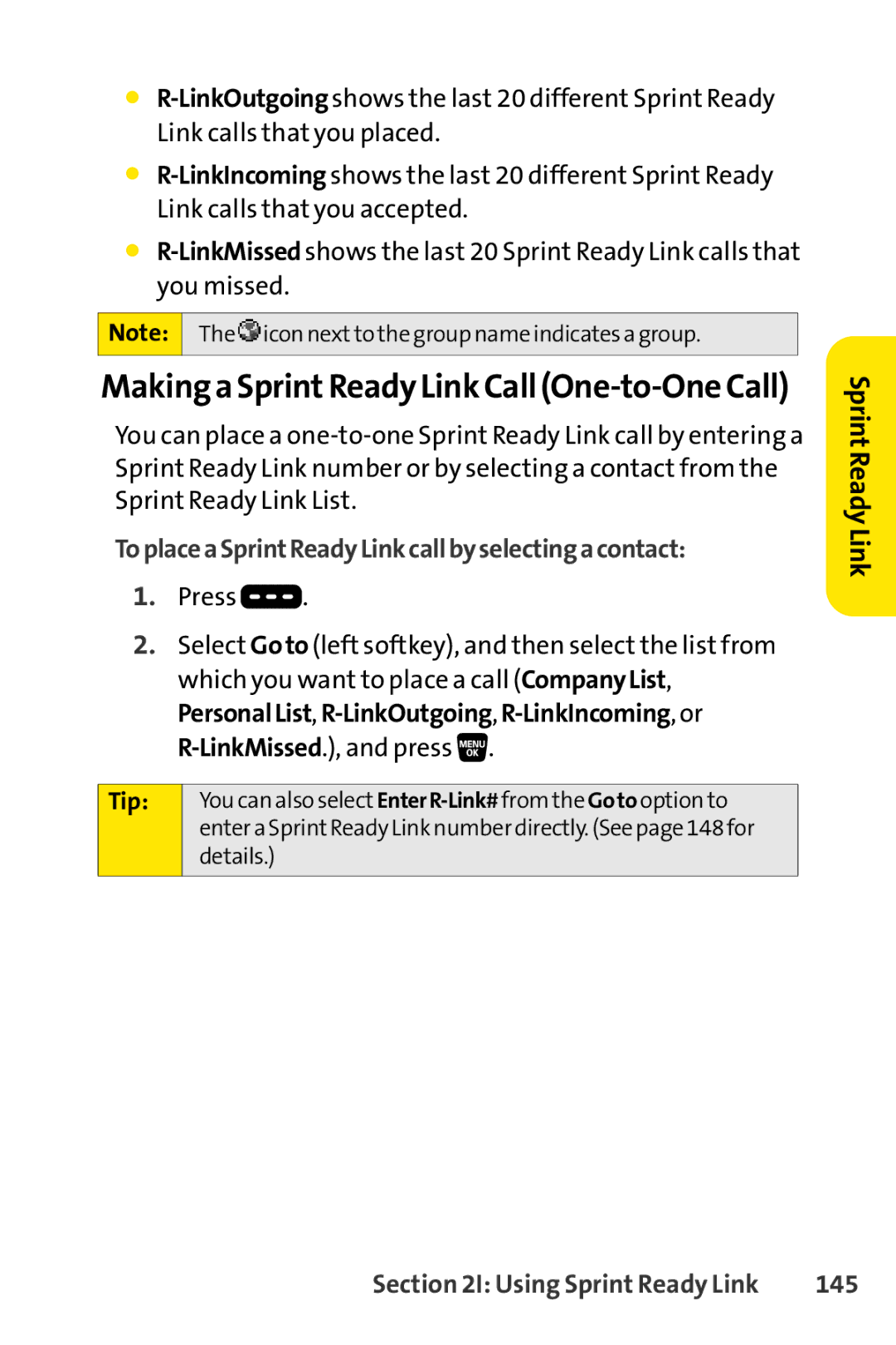 Sprint Nextel SCP-3200 Making a SprintReady Link Call One-to-One Call, ToplaceaSprintReadyLinkcallbyselectingacontact, 145 