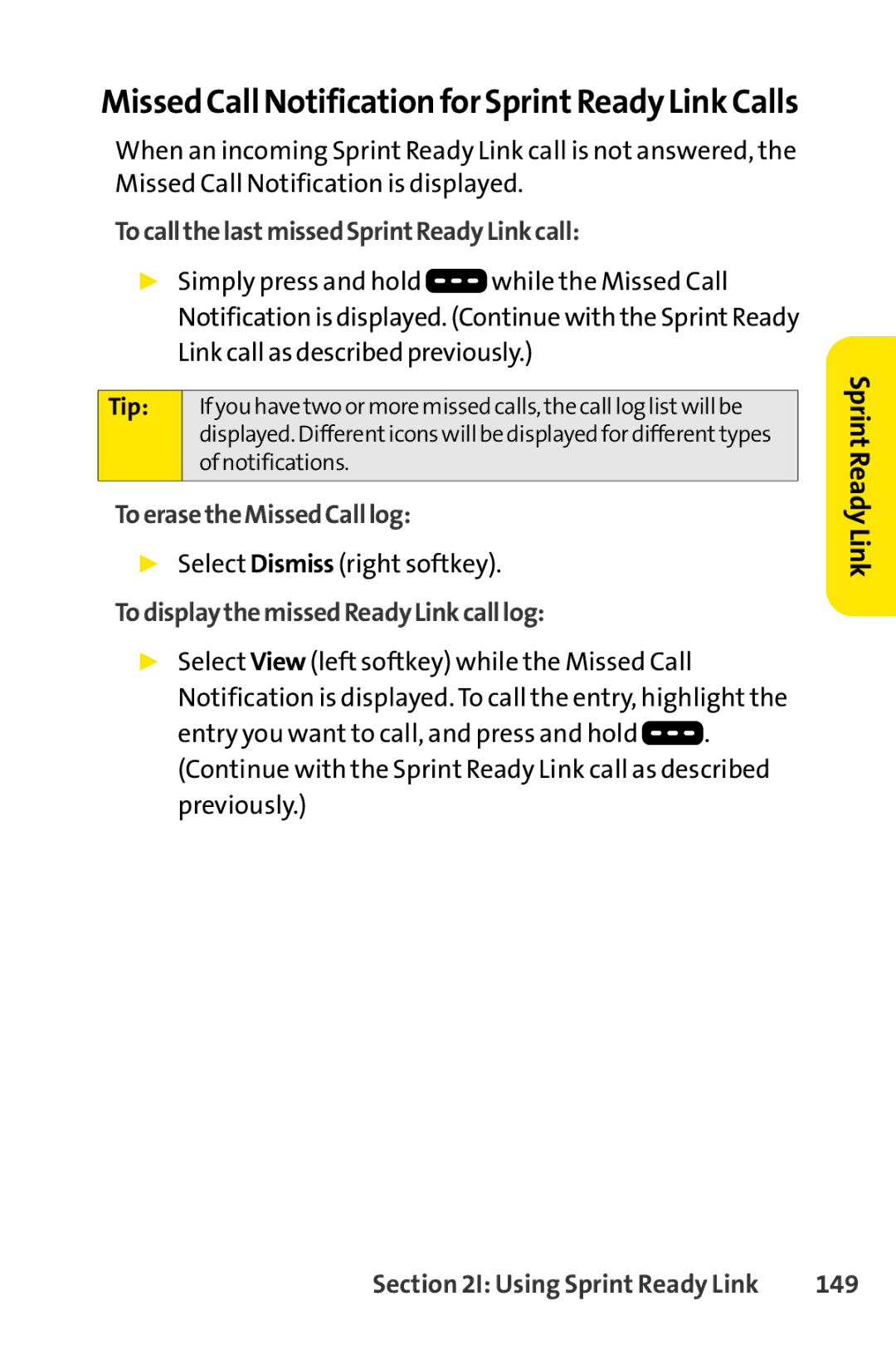 Sprint Nextel SCP-3200 Missed Call Notification for SprintReady Link Calls, TocallthelastmissedSprintReadyLinkcall, 149 