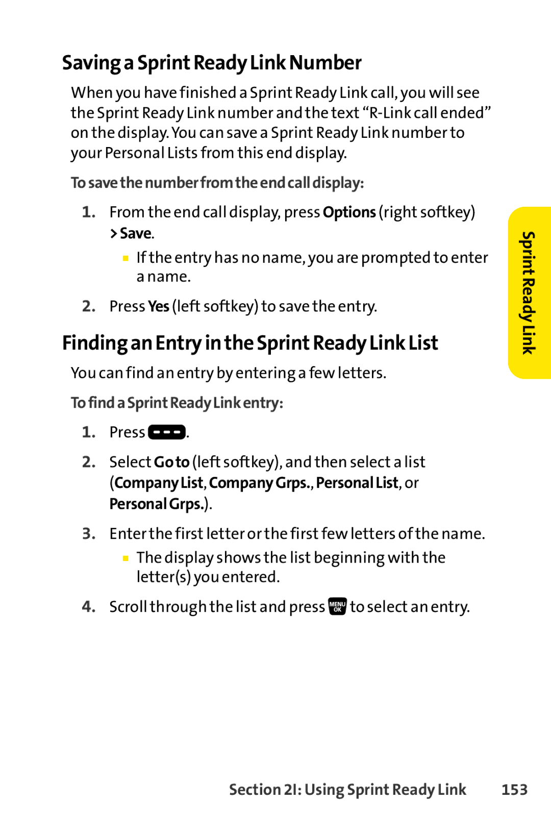 Sprint Nextel SCP-3200 manual Saving a SprintReady Link Number, Finding an Entry in the SprintReady Link List, 153 