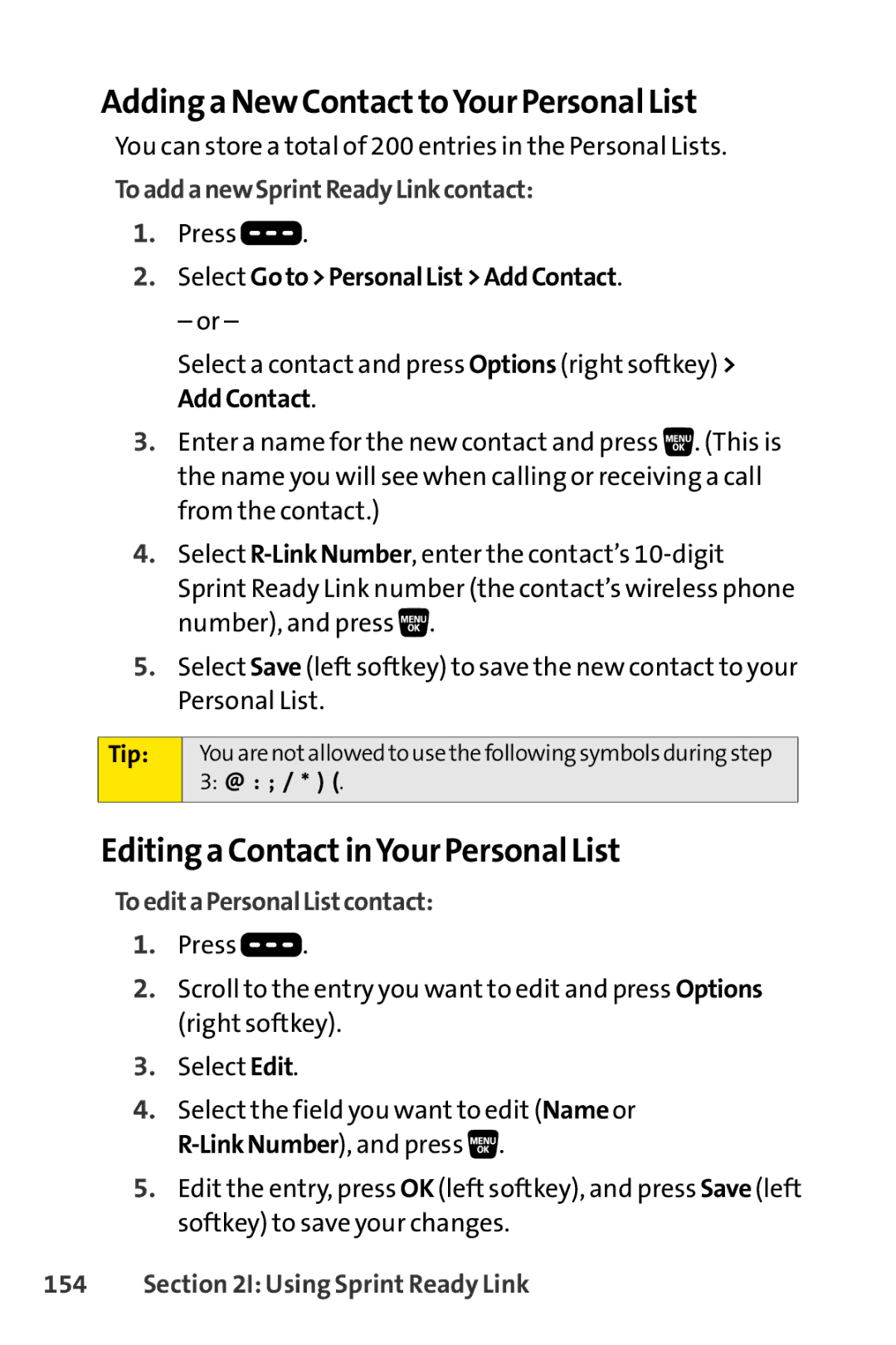 Sprint Nextel SCP-3200 manual Adding a New ContacttoYour Personal List, Editing a ContactinYour Personal List 