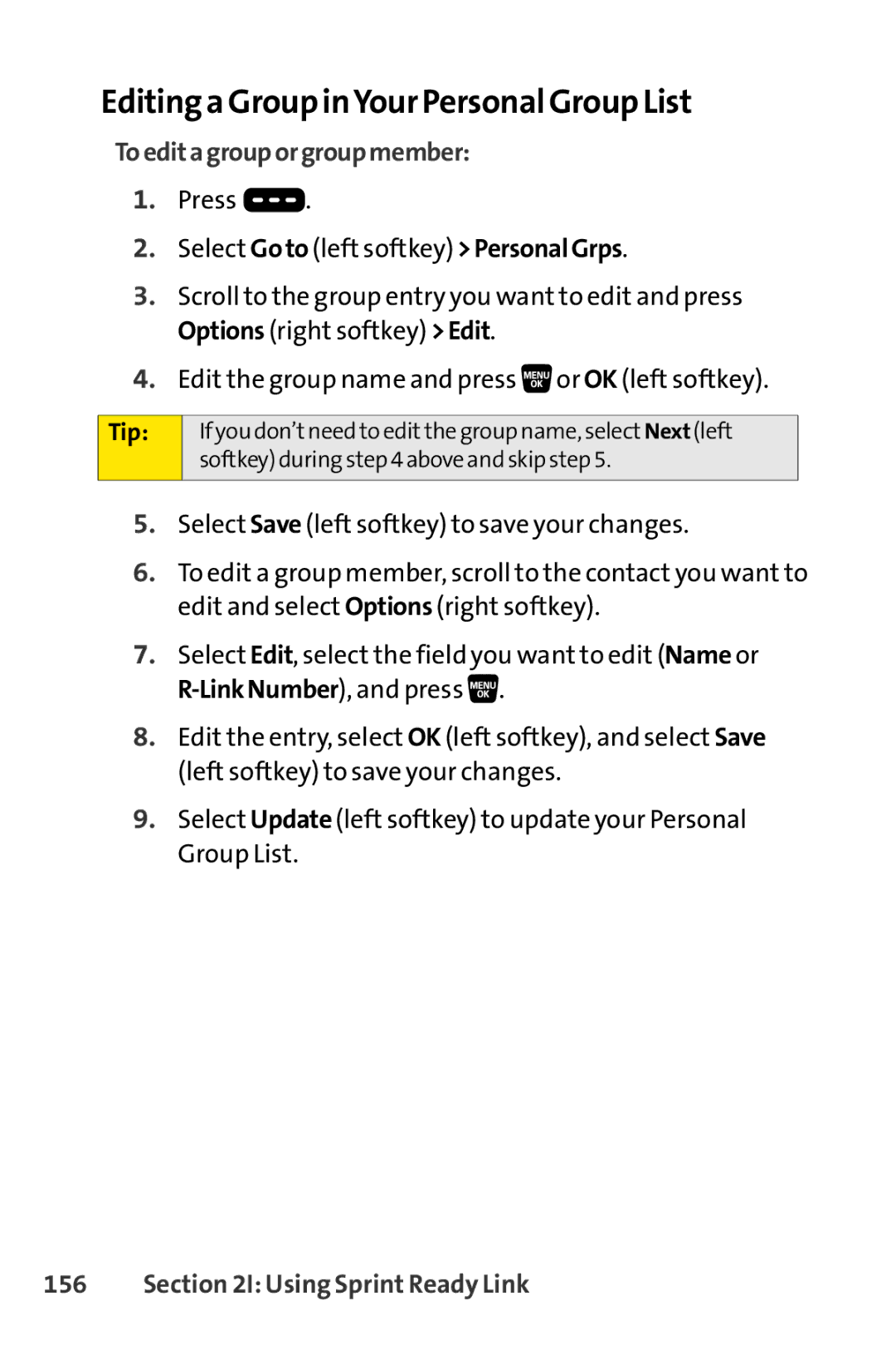 Sprint Nextel SCP-3200 manual Editing a Group inYour Personal Group List, Toeditagrouporgroupmember 