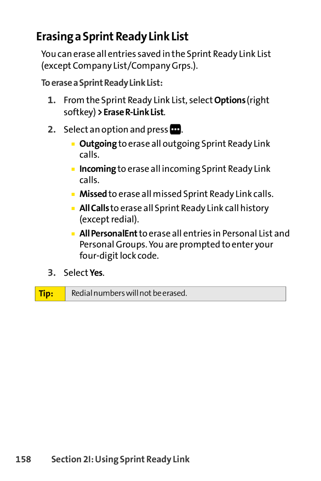 Sprint Nextel SCP-3200 manual Erasing a SprintReady Link List, ToeraseaSprintReadyLinkList 