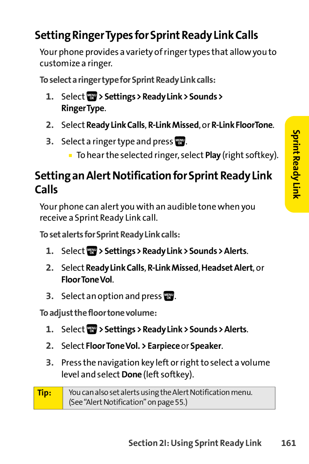 Sprint Nextel SCP-3200 Setting an AlertNotification for SprintReady Link Calls, TosetalertsforSprintReadyLinkcalls, 161 