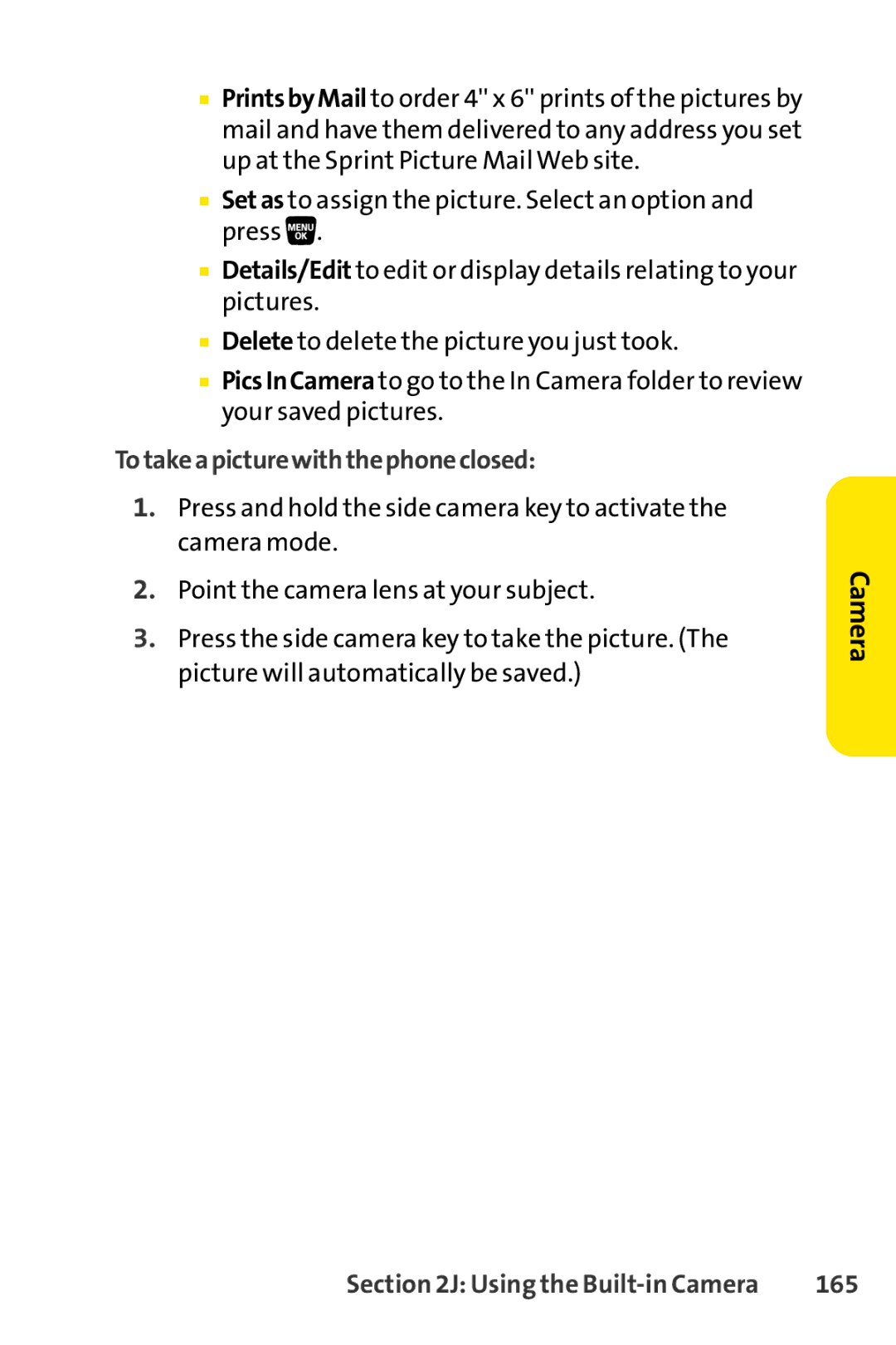 Sprint Nextel SCP-3200 manual Totakeapicturewiththephoneclosed, 165 