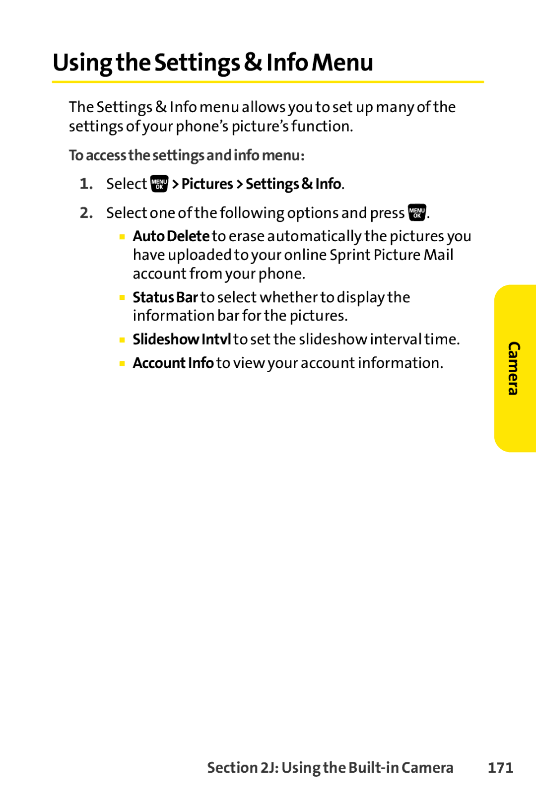 Sprint Nextel SCP-3200 Using the Settings & Info Menu, Toaccessthesettingsandinfomenu, Select PicturesSettings&Info, 171 