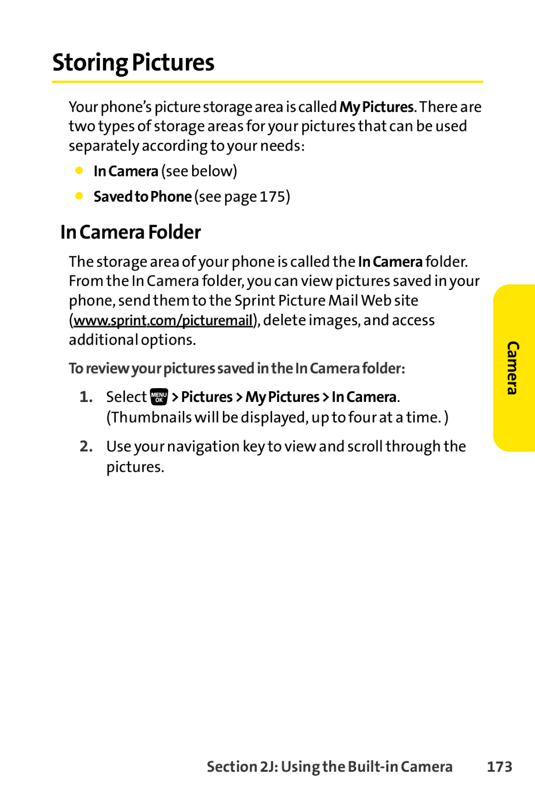 Sprint Nextel SCP-3200 manual Storing Pictures, Camera Folder, ToreviewyourpicturessavedintheInCamerafolder, 173 