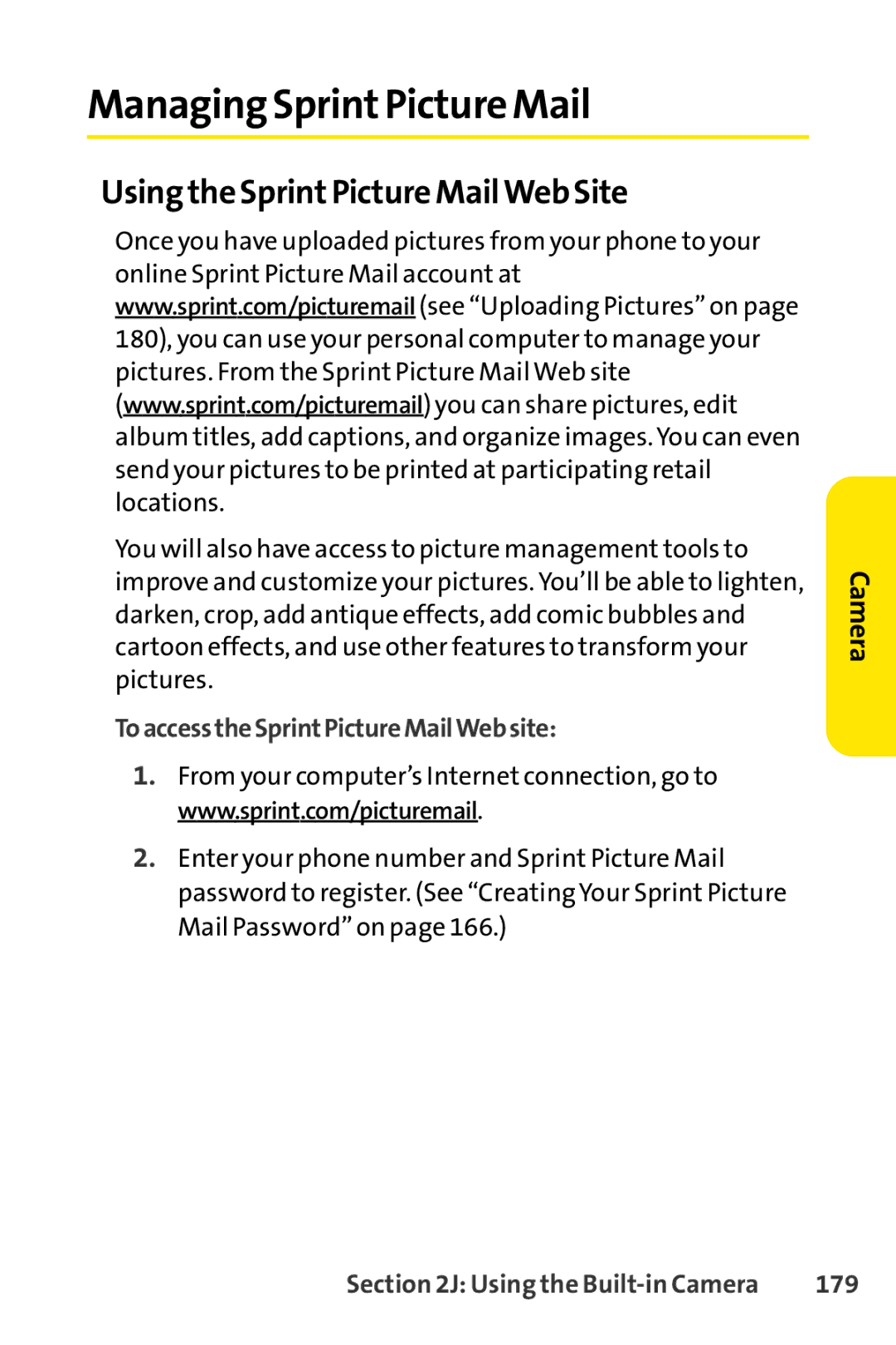 Sprint Nextel SCP-3200 manual Managing SprintPicture Mail, Using the SprintPicture MailWeb Site, 179 