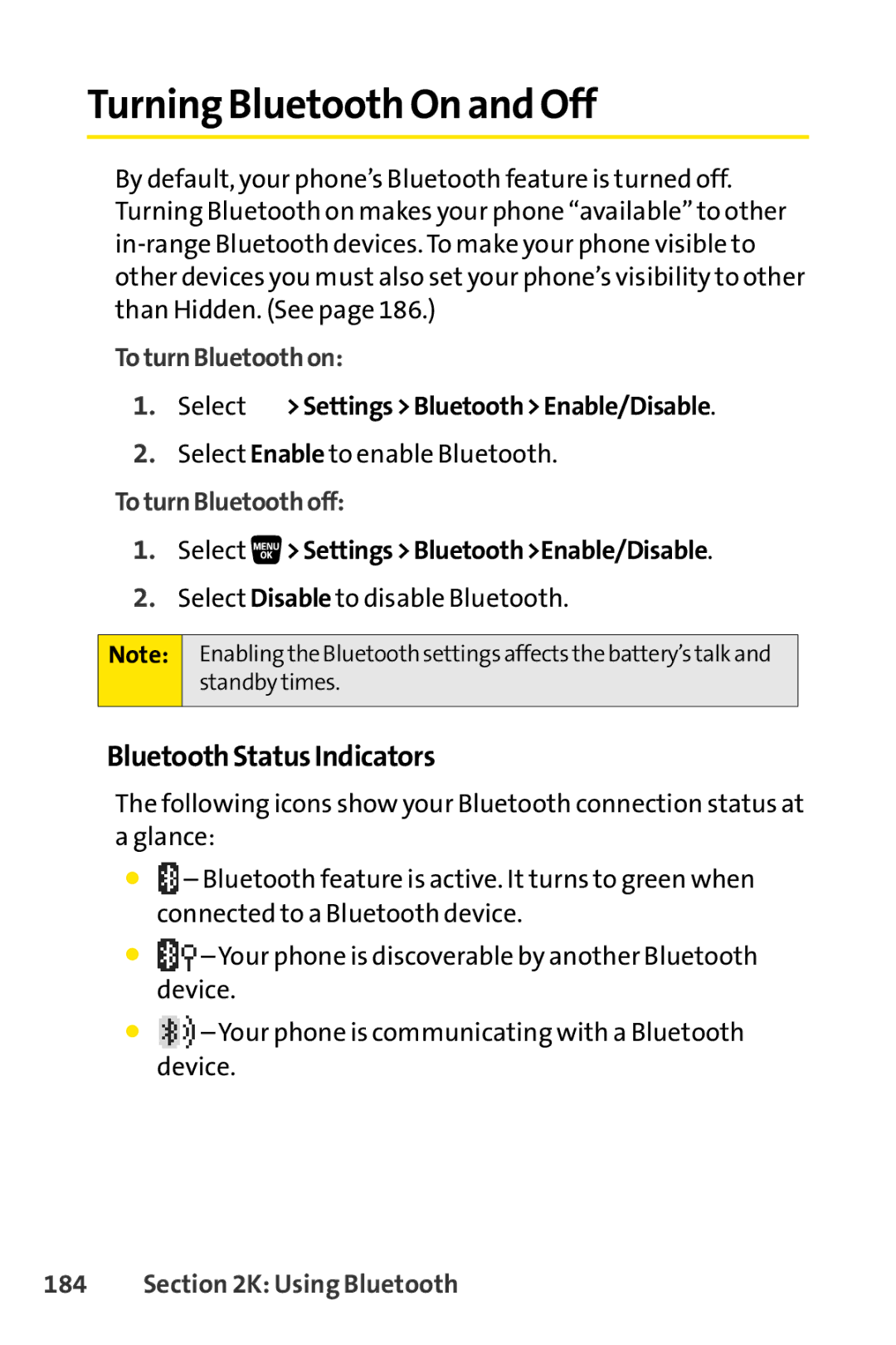 Sprint Nextel SCP-3200 Turning Bluetooth On and Off, BluetoothStatusIndicators, ToturnBluetoothon, ToturnBluetoothoff 