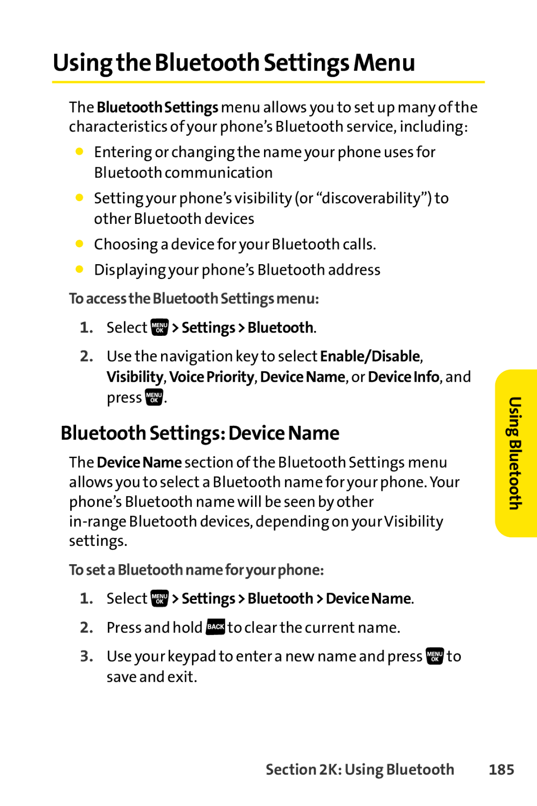 Sprint Nextel SCP-3200 Using the Bluetooth Settings Menu, Bluetooth Settings Device Name, ToaccesstheBluetoothSettingsmenu 