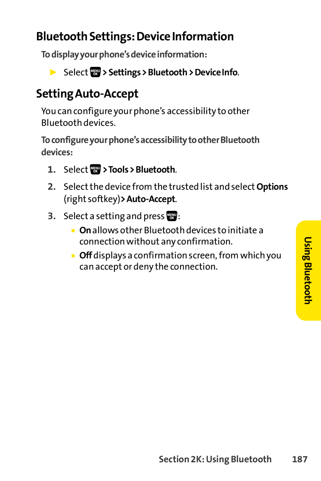 Sprint Nextel SCP-3200 Bluetooth Settings Device Information, Setting Auto-Accept, Todisplayyourphone’sdeviceinformation 