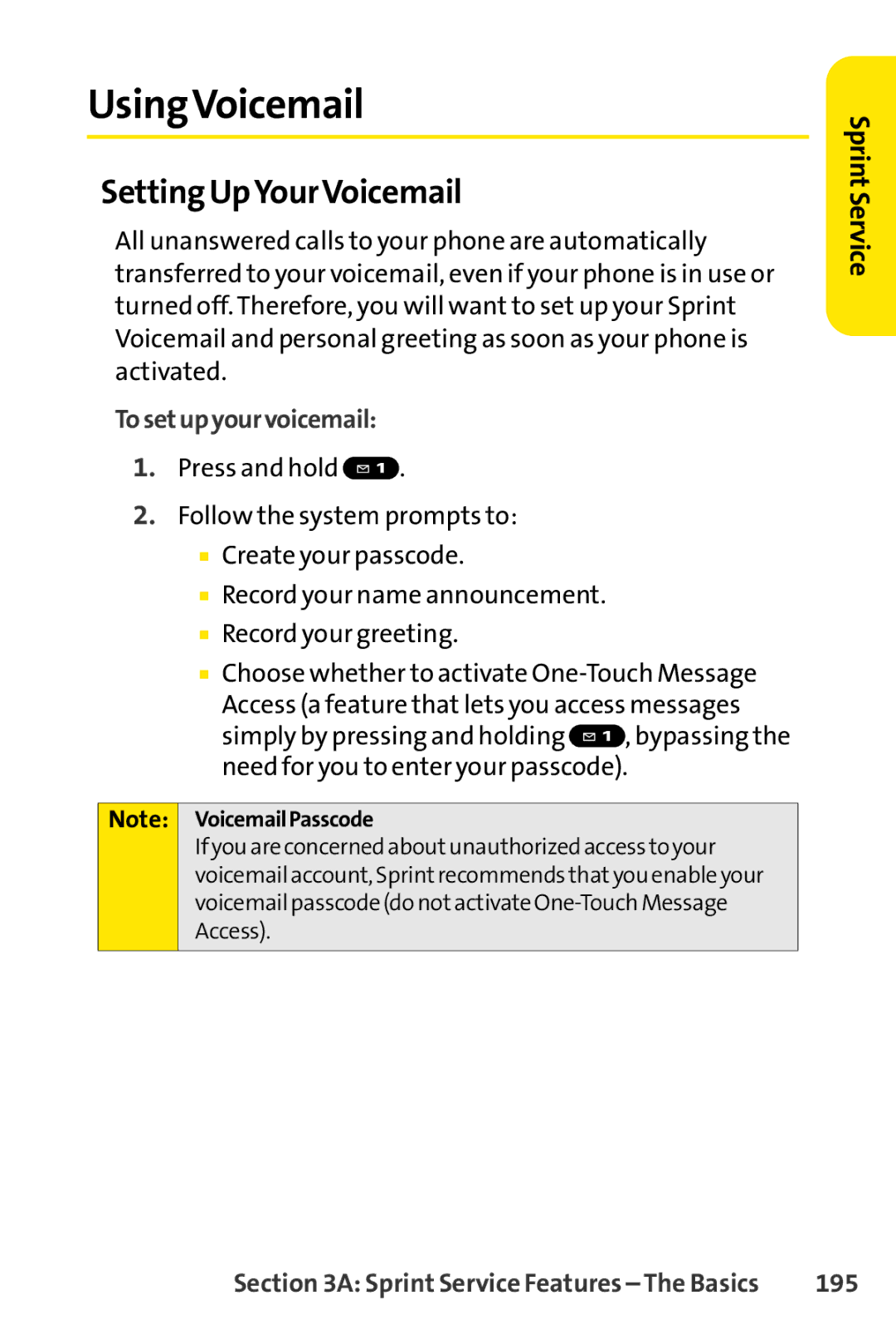 Sprint Nextel SCP-3200 manual UsingVoicemail, Setting UpYourVoicemail, 195 