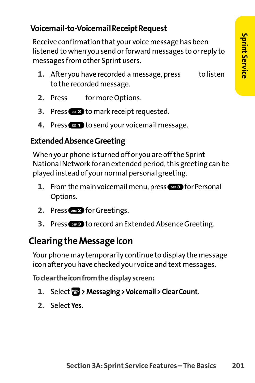 Sprint Nextel SCP-3200 manual Clearing the Message Icon, Voicemail-to-VoicemailReceiptRequest, ExtendedAbsenceGreeting, 201 