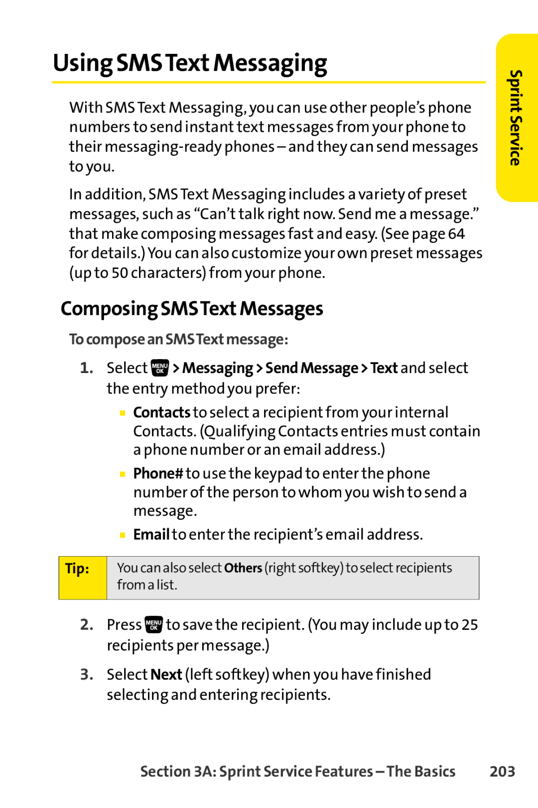 Sprint Nextel SCP-3200 manual Using SMSTextMessaging, Composing SMSTextMessages, TocomposeanSMSTextmessage, 203 