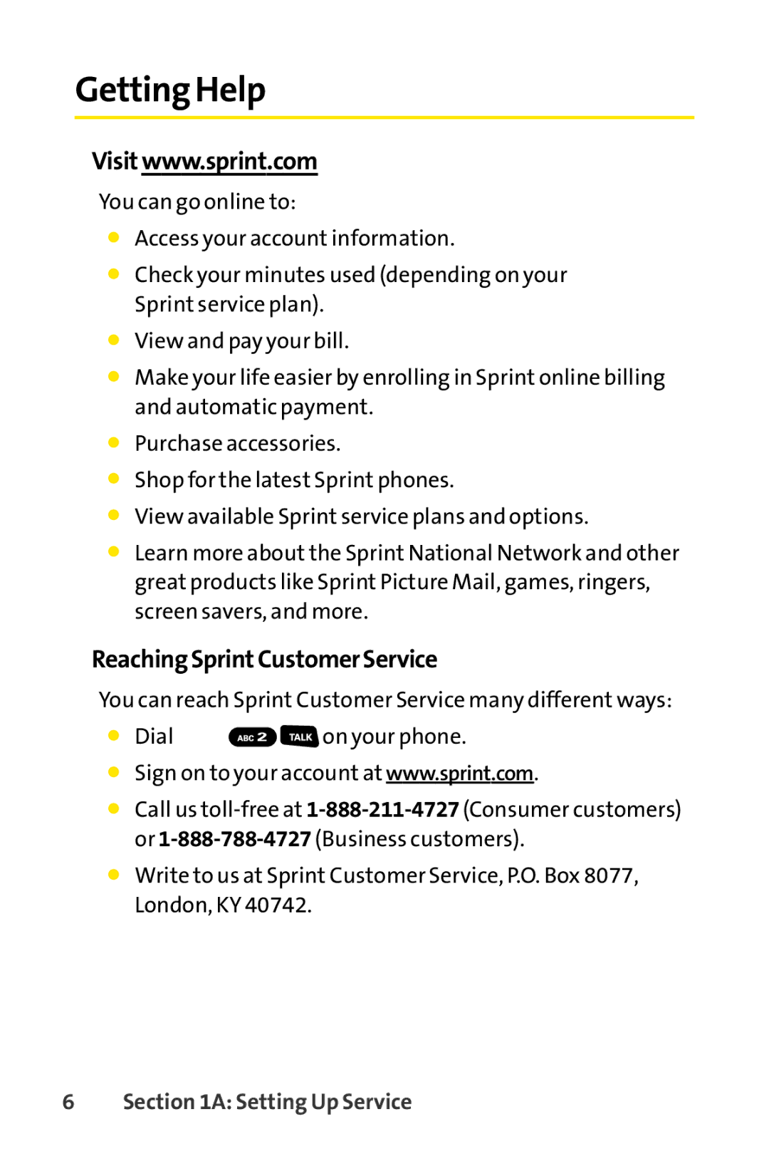 Sprint Nextel SCP-3200 manual Getting Help, ReachingSprintCustomerService 