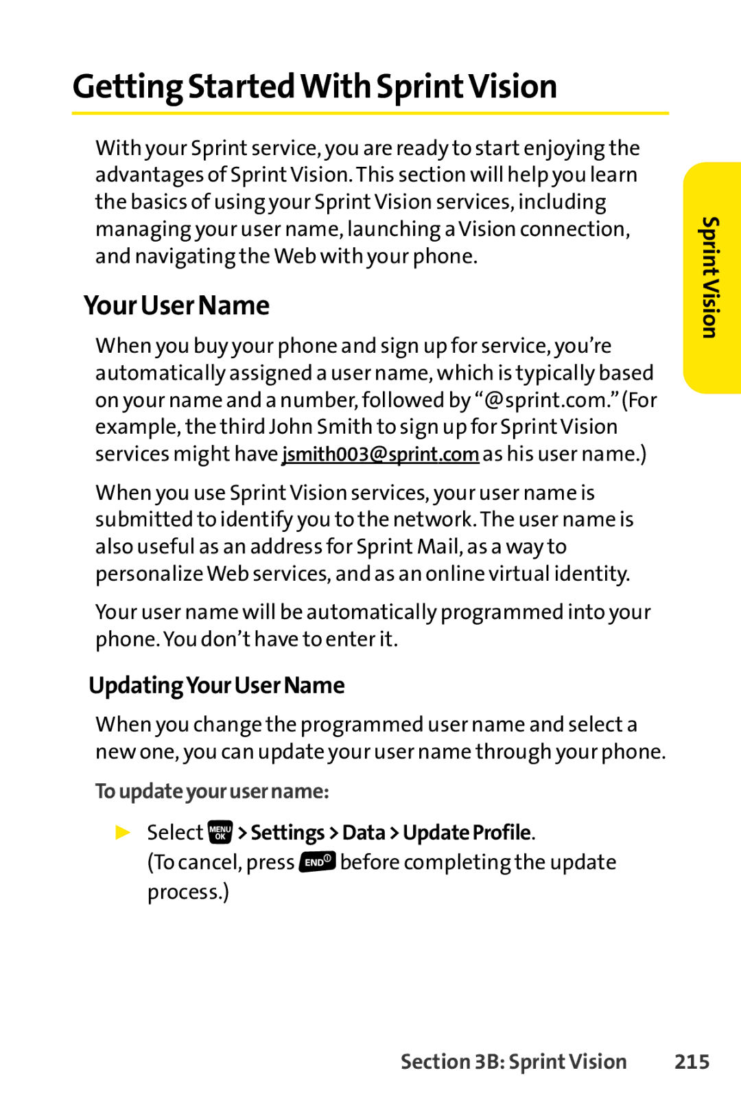 Sprint Nextel SCP-3200 Getting StartedWith SprintVision, Your User Name, UpdatingYourUserName, Toupdateyourusername, 215 