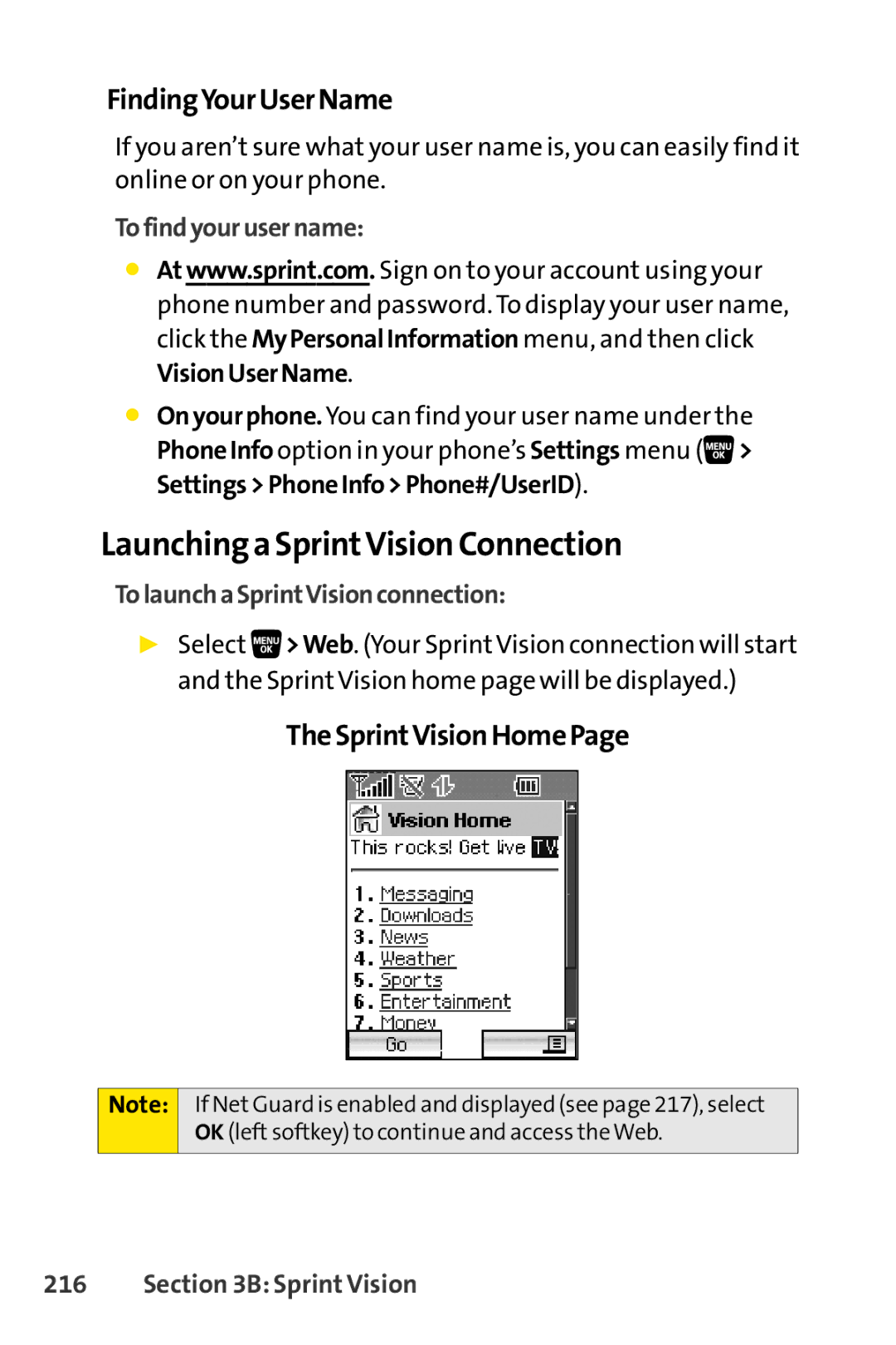 Sprint Nextel SCP-3200 manual Launching a SprintVision Connection, FindingYourUserName, TheSprintVisionHomePage 