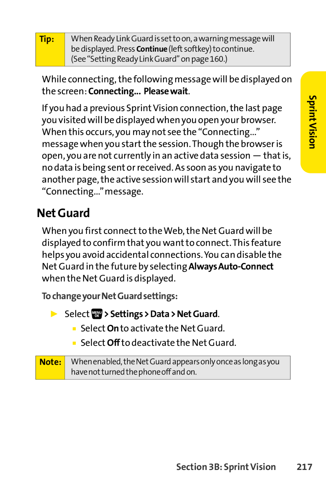 Sprint Nextel SCP-3200 manual Net Guard, TochangeyourNetGuardsettings, Select SettingsDataNetGuard, 217 