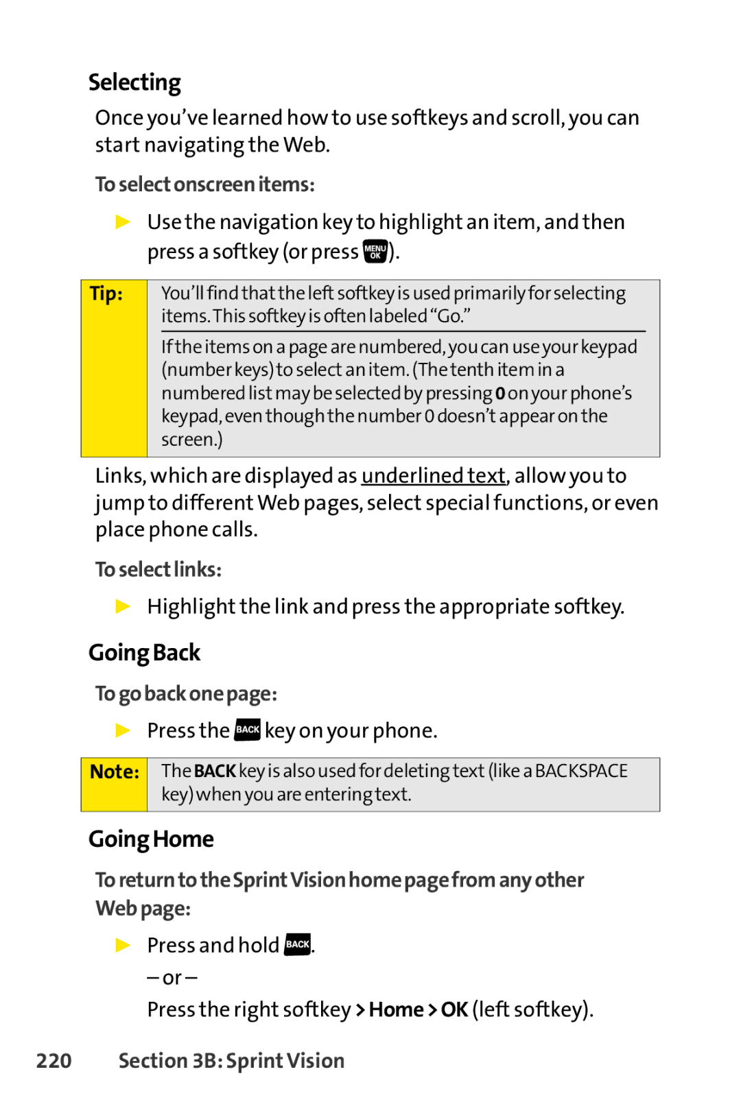 Sprint Nextel SCP-3200 manual Selecting, GoingBack, GoingHome 