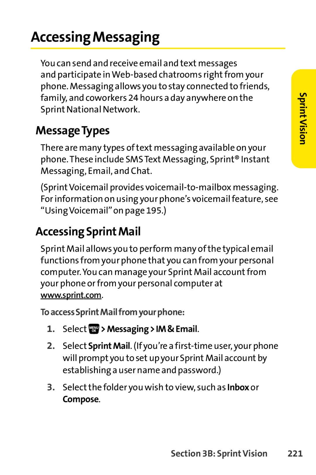 Sprint Nextel SCP-3200 manual Accessing Messaging, MessageTypes, Accessing SprintMail, ToaccessSprintMailfromyourphone, 221 