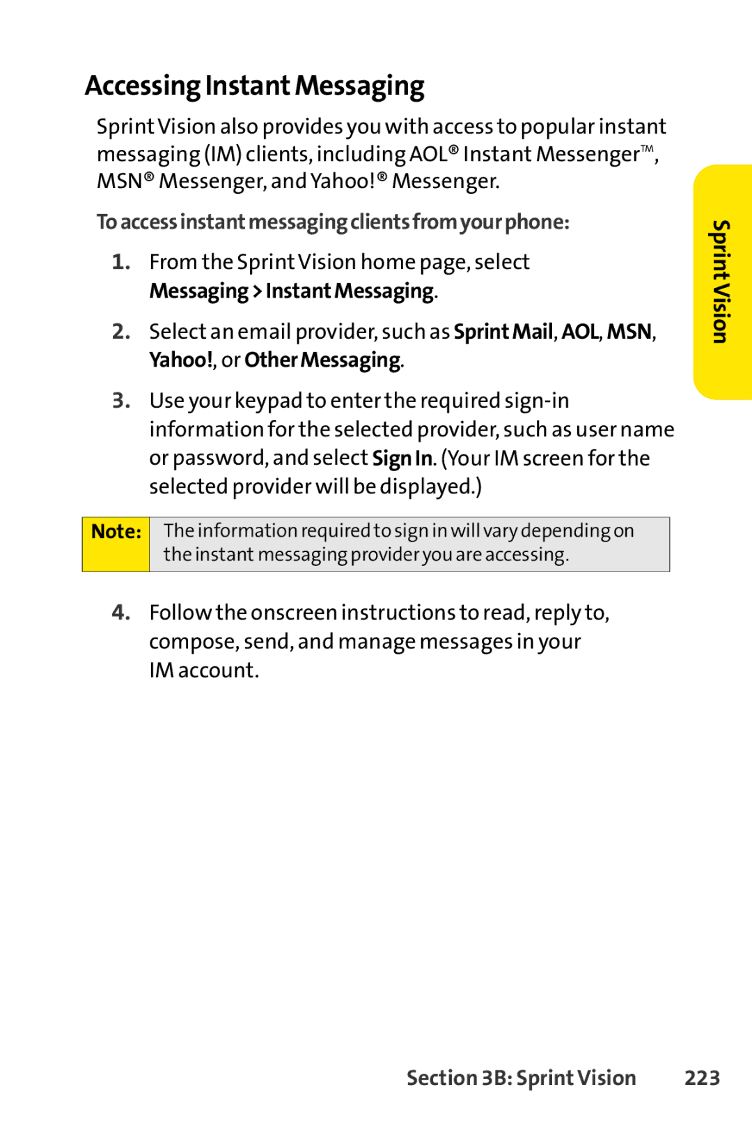 Sprint Nextel SCP-3200 manual Accessing InstantMessaging, Toaccessinstantmessagingclientsfromyourphone, 223 