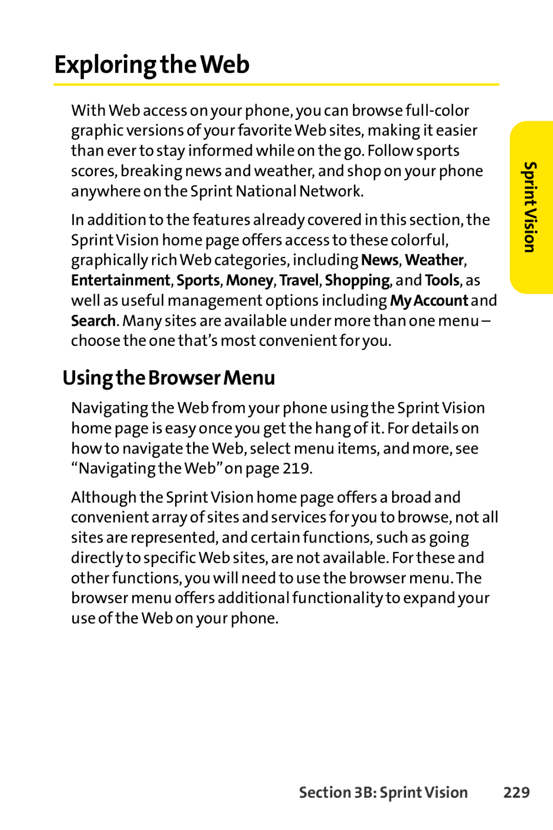 Sprint Nextel SCP-3200 manual Exploring theWeb, Using the Browser Menu, 229 