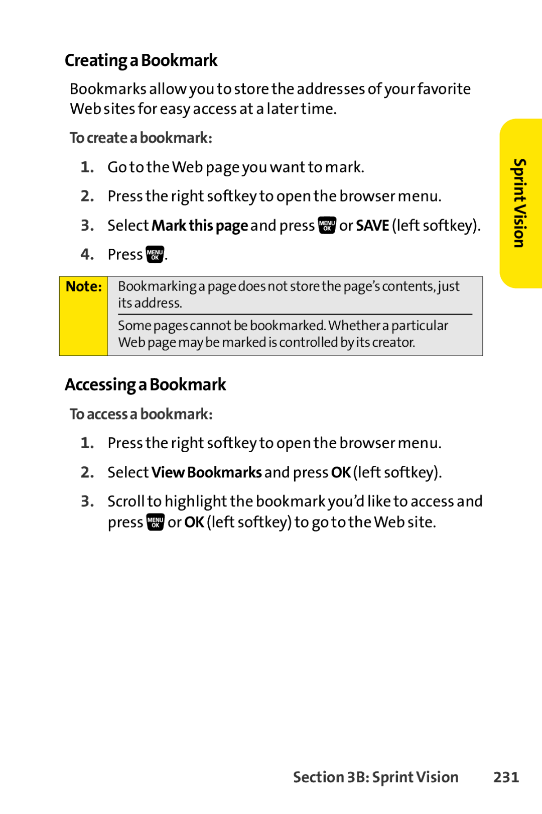 Sprint Nextel SCP-3200 manual CreatingaBookmark, AccessingaBookmark, Tocreateabookmark, Toaccessabookmark, 231 