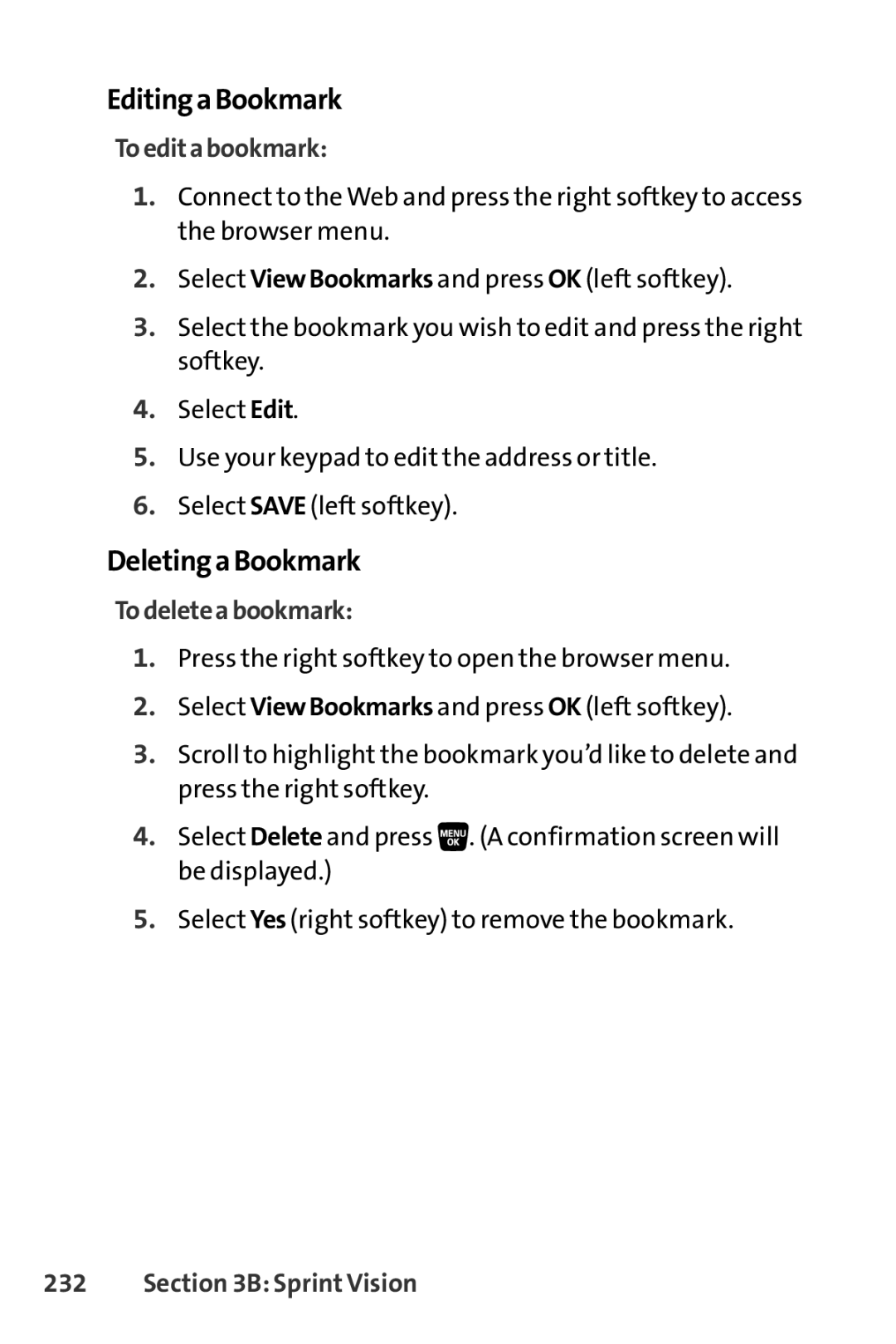 Sprint Nextel SCP-3200 manual EditingaBookmark, DeletingaBookmark, Toeditabookmark, Todeleteabookmark 