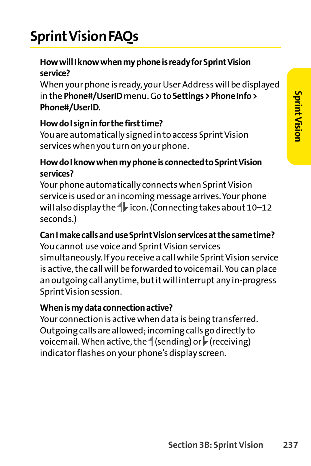 Sprint Nextel SCP-3200 manual SprintVision FAQs, HowdoIsigninforthefirsttime?, Whenismydataconnectionactive?, 237 