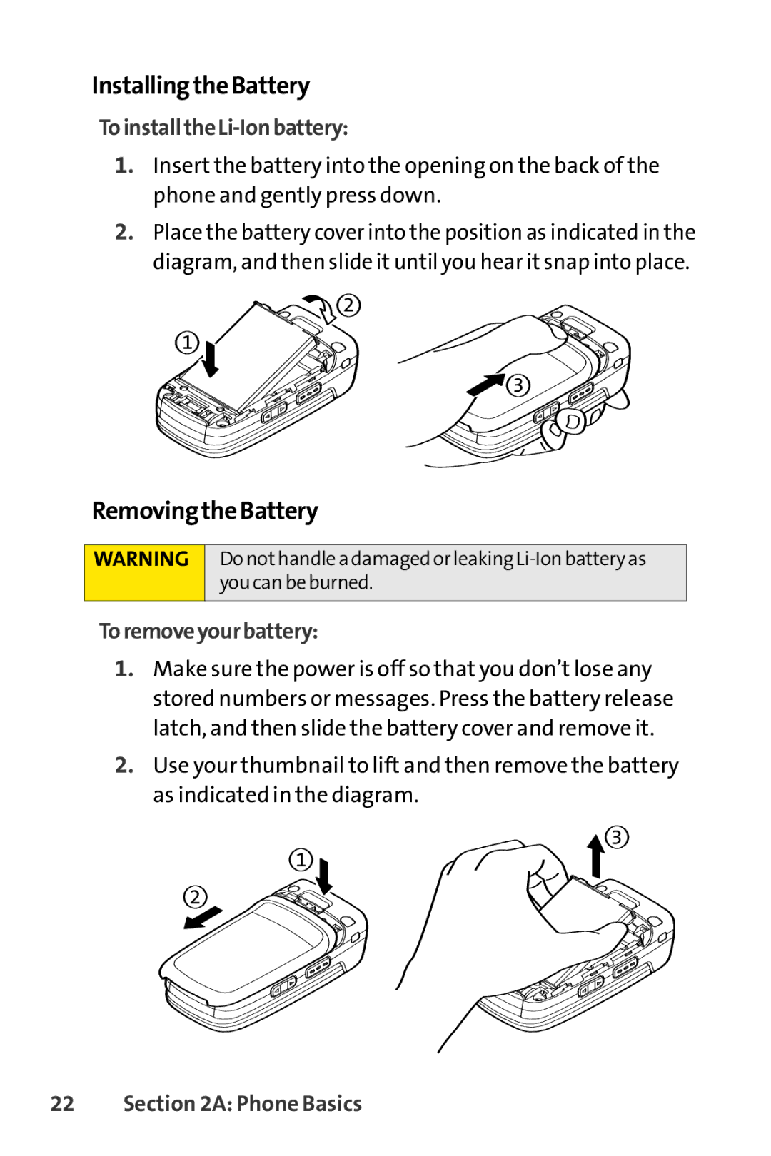 Sprint Nextel SCP-3200 manual InstallingtheBattery, RemovingtheBattery, ToinstalltheLi-Ionbattery, Toremoveyourbattery 