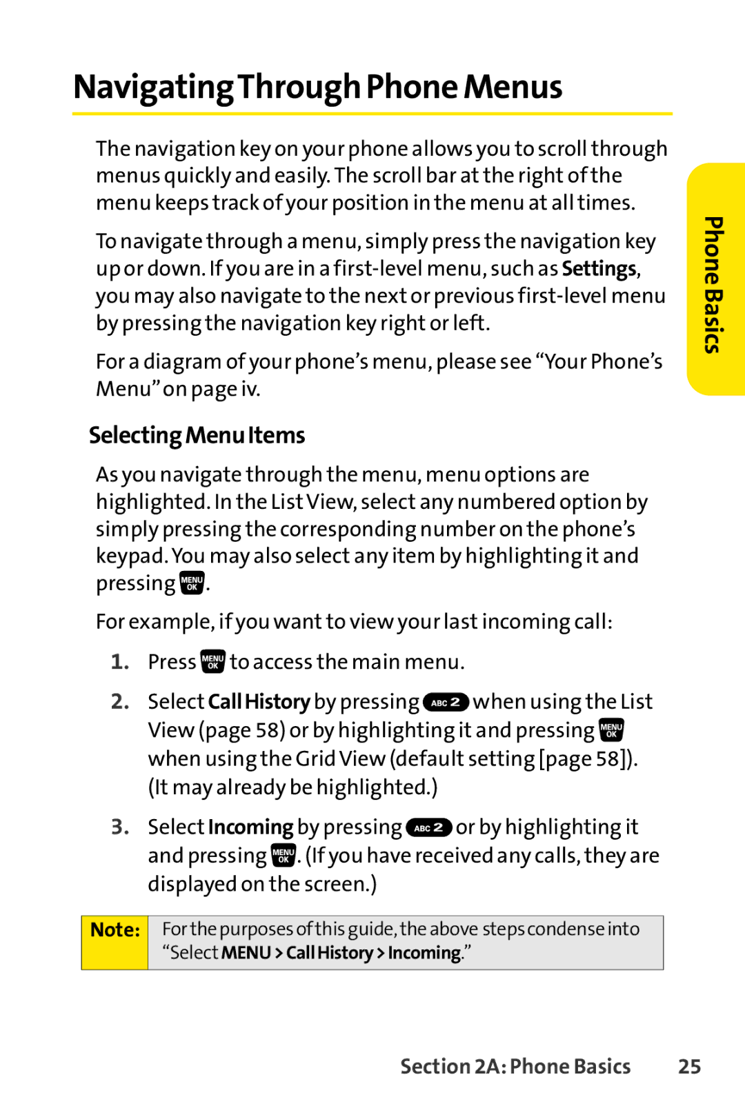 Sprint Nextel SCP-3200 manual NavigatingThrough Phone Menus, SelectingMenuItems 