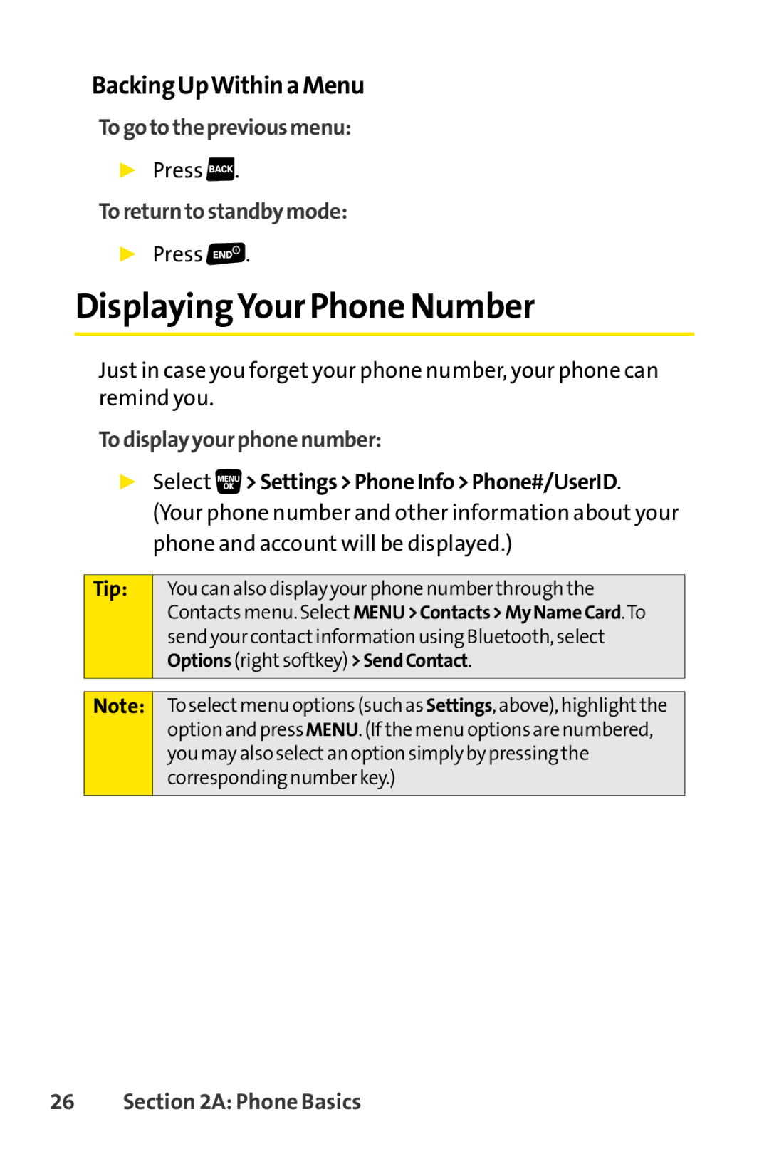 Sprint Nextel SCP-3200 DisplayingYour Phone Number, BackingUpWithinaMenu, Togotothepreviousmenu, Toreturntostandbymode 