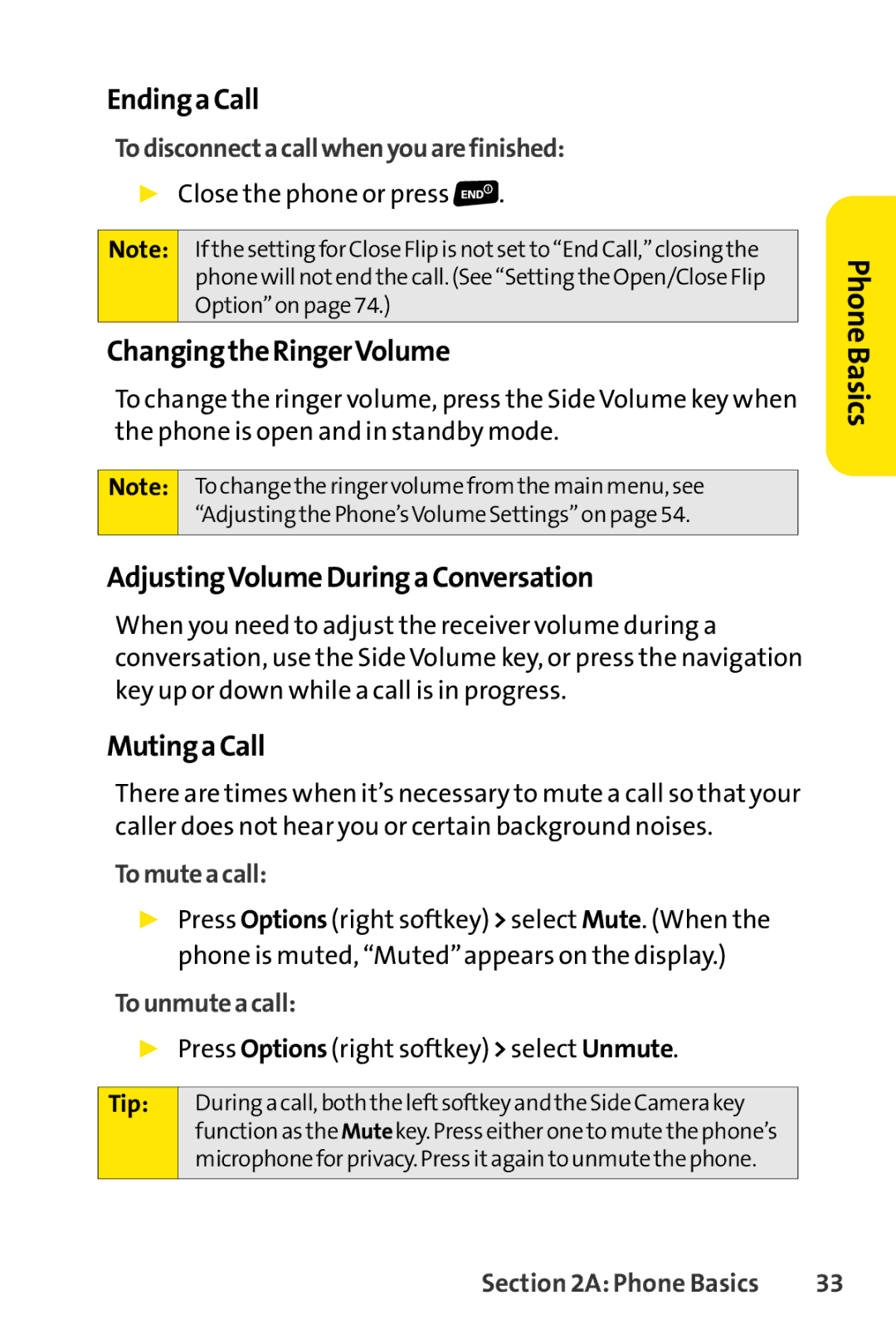 Sprint Nextel SCP-3200 manual EndingaCall, ChangingtheRingerVolume, AdjustingVolumeDuringaConversation, MutingaCall 