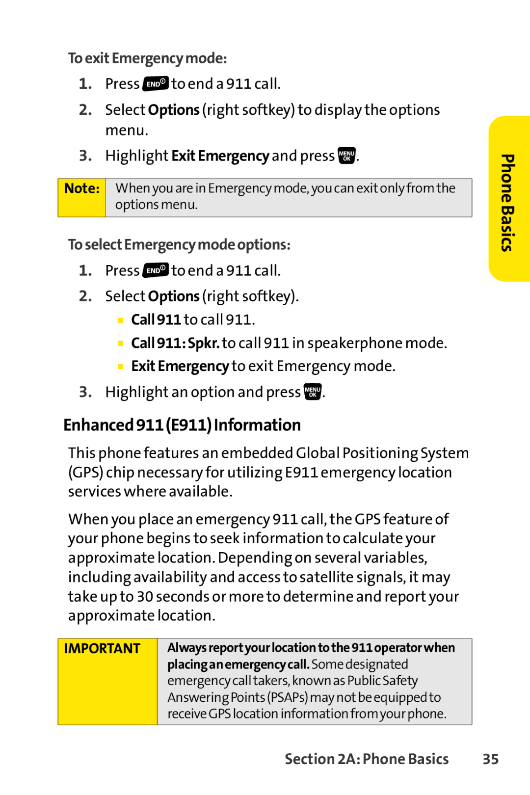 Sprint Nextel SCP-3200 manual Enhanced911E911Information, ToexitEmergencymode, ToselectEmergencymodeoptions 