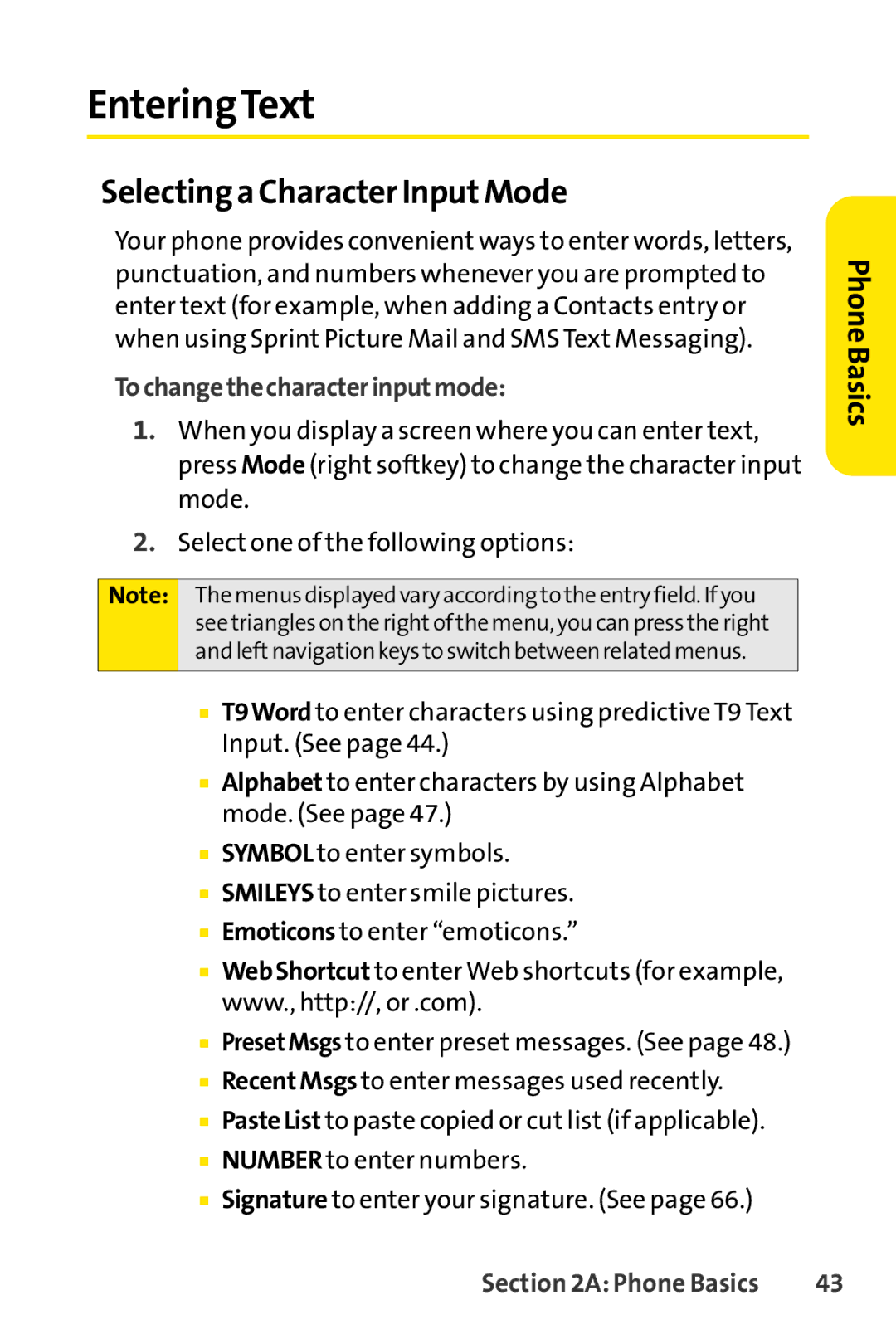Sprint Nextel SCP-3200 manual EnteringText, Selecting a Character InputMode, Tochangethecharacterinputmode 