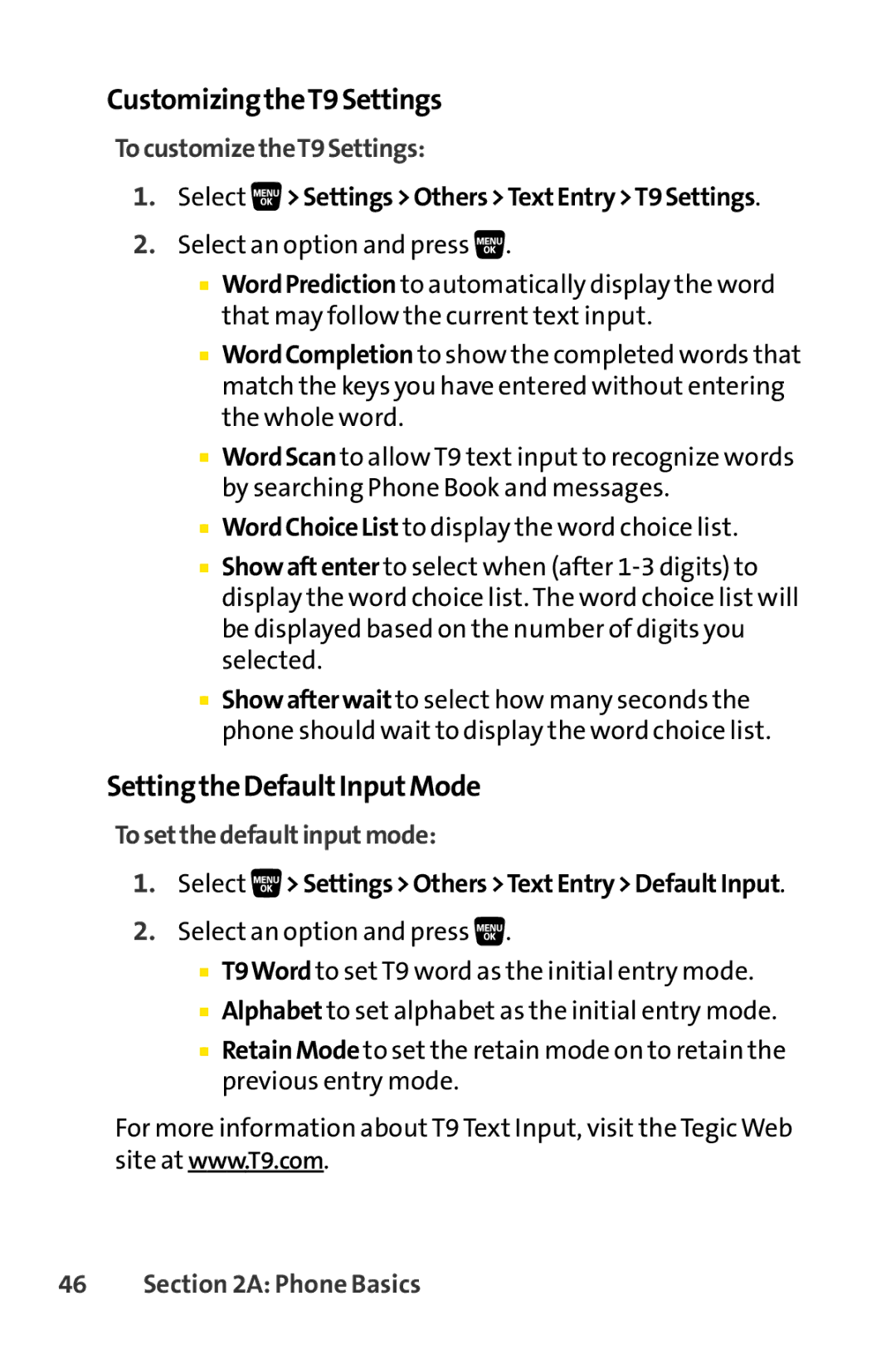 Sprint Nextel SCP-3200 manual CustomizingtheT9Settings, SettingtheDefaultInputMode, TocustomizetheT9Settings 