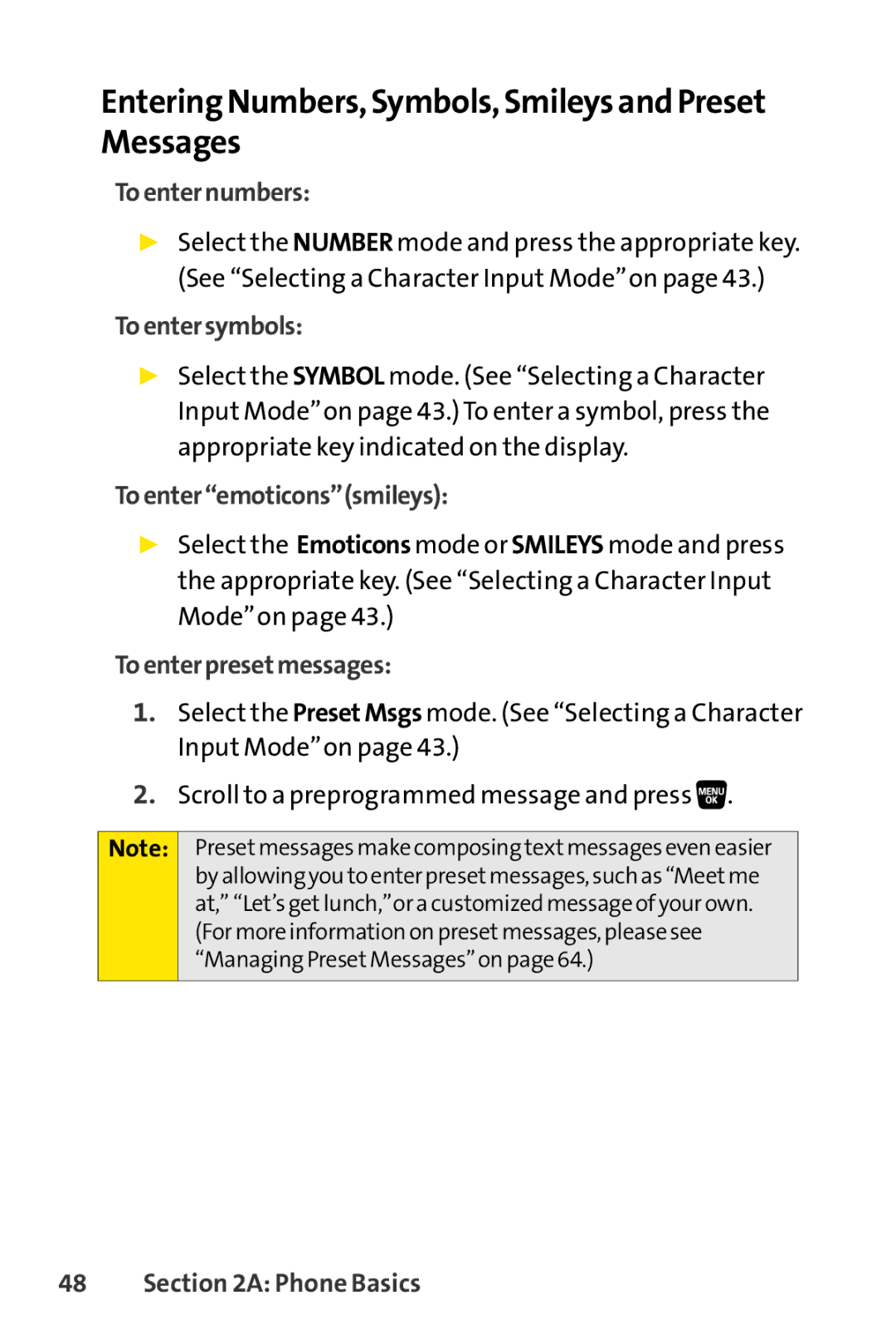 Sprint Nextel SCP-3200 manual Entering Numbers, Symbols, Smileys and Preset Messages, Toenternumbers, Toentersymbols 