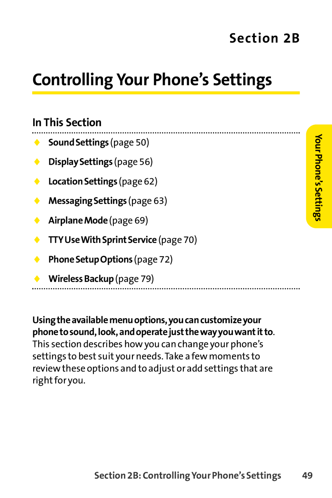 Sprint Nextel SCP-3200 manual Controlling Your Phone’s Settings, YourPhone’sSettings 