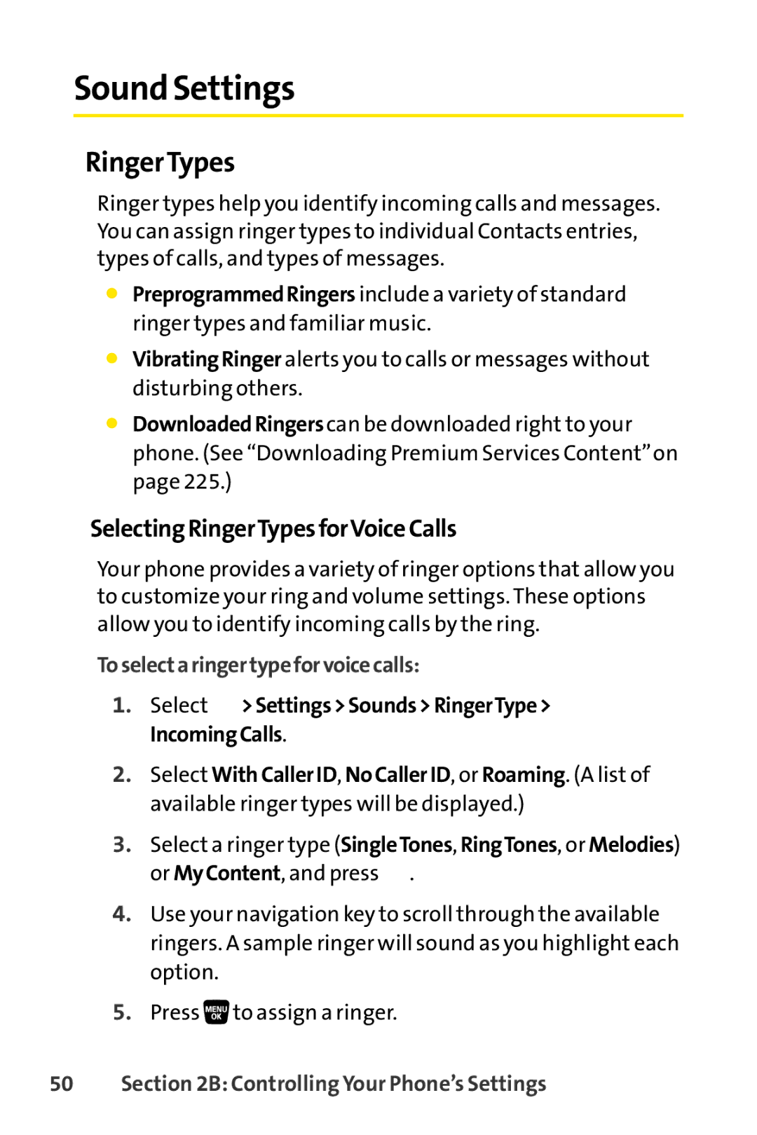 Sprint Nextel SCP-3200 manual Sound Settings, SelectingRingerTypesforVoiceCalls, Toselectaringertypeforvoicecalls 