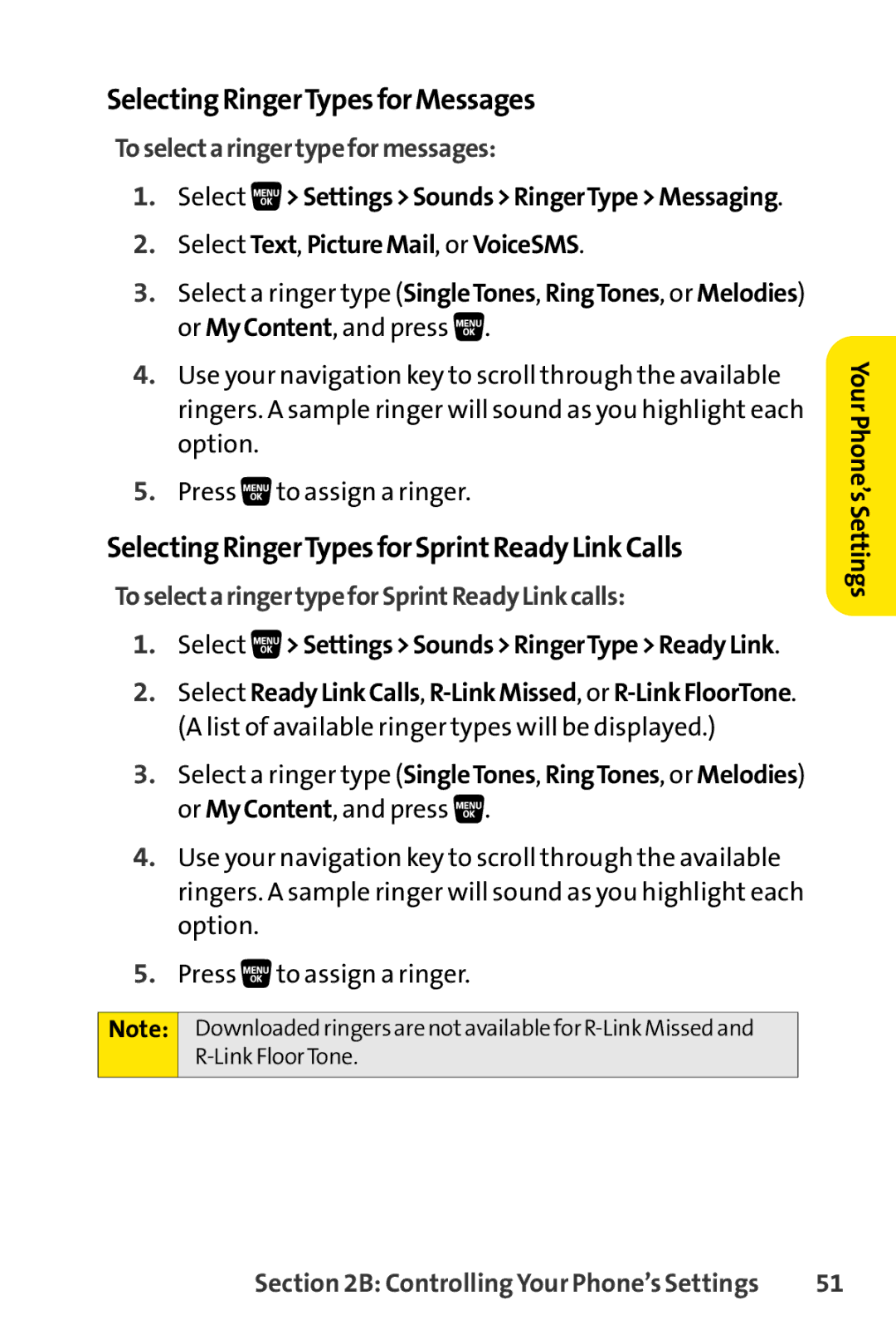 Sprint Nextel SCP-3200 manual SelectingRingerTypesforMessages, SelectingRingerTypesforSprintReadyLinkCalls 