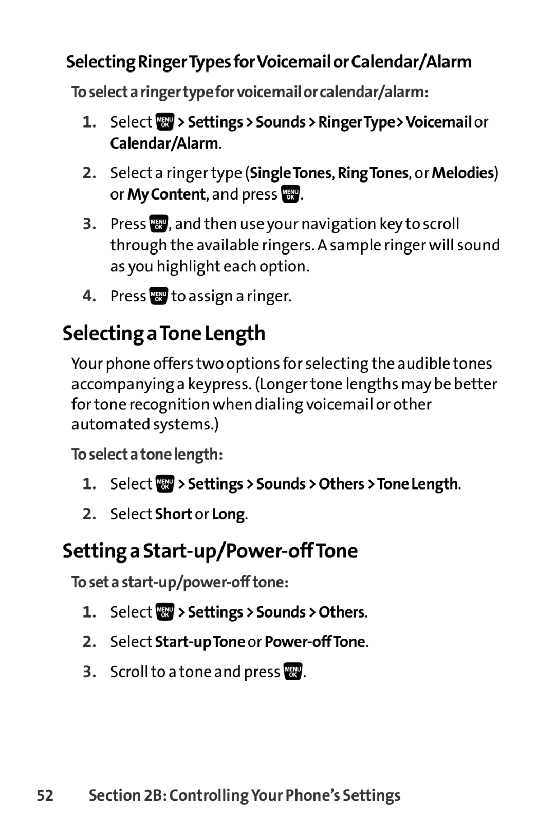 Sprint Nextel SCP-3200 manual Selecting aTone Length, Setting a Start-up/Power-offTone 