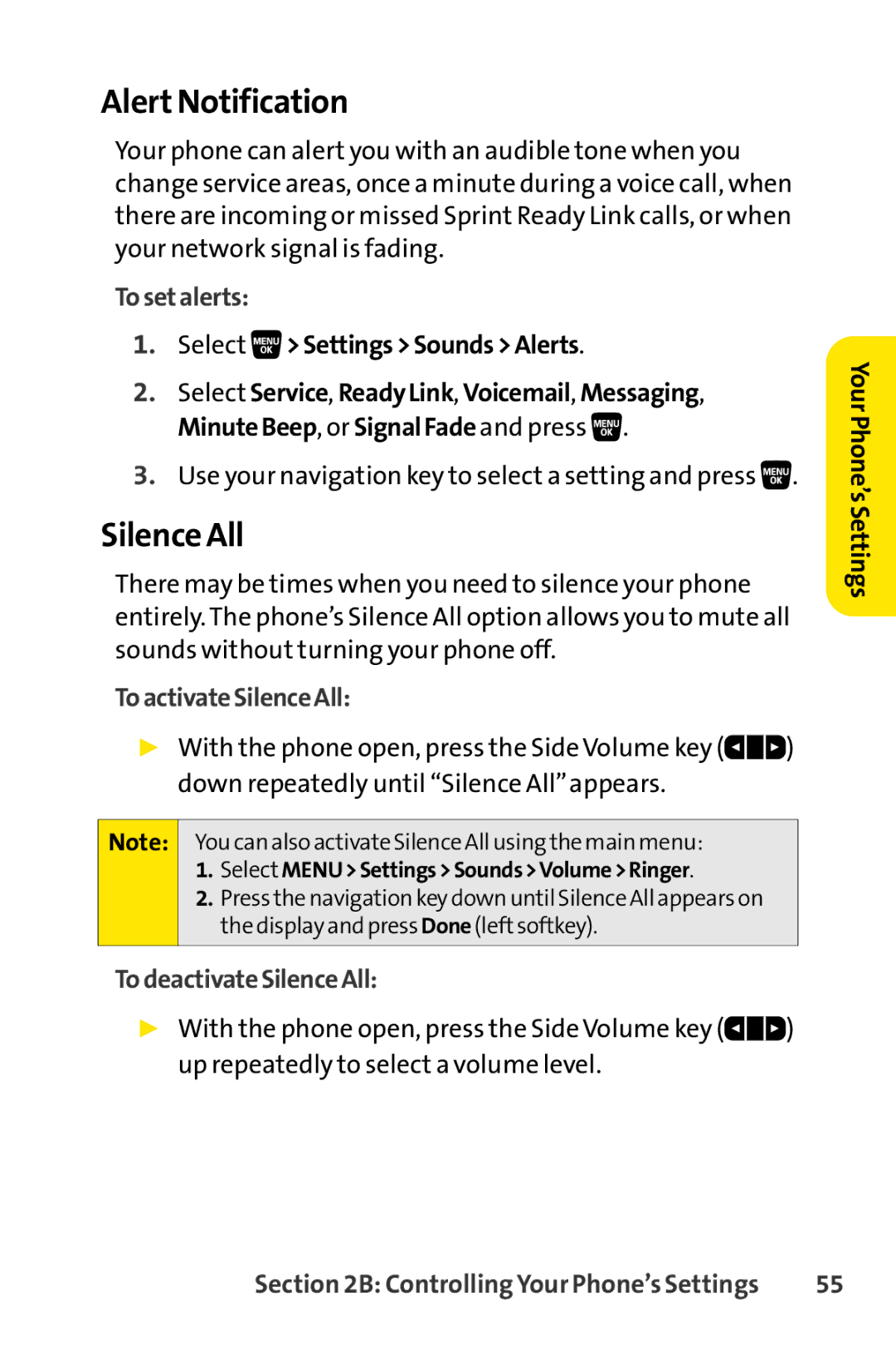 Sprint Nextel SCP-3200 manual Alert Notification, Silence All, Tosetalerts, ToactivateSilenceAll, TodeactivateSilenceAll 