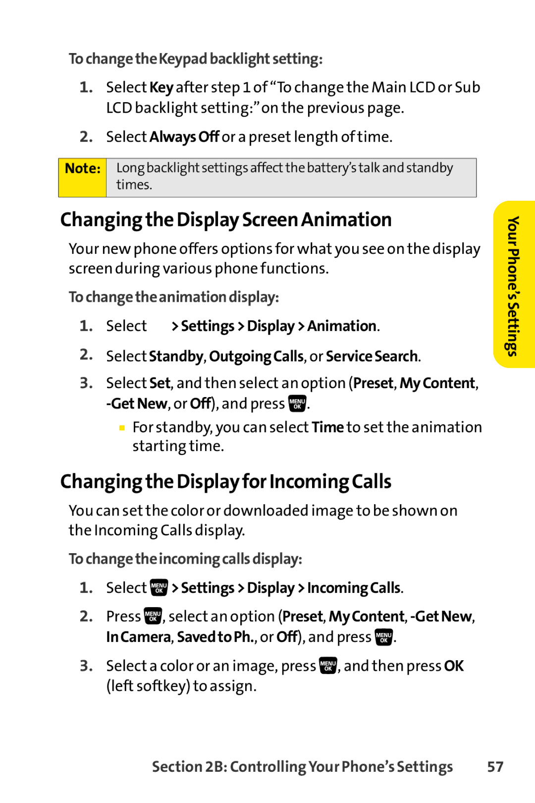 Sprint Nextel SCP-3200 manual Changing the Display Screen Animation, Changing the Displayfor Incoming Calls 