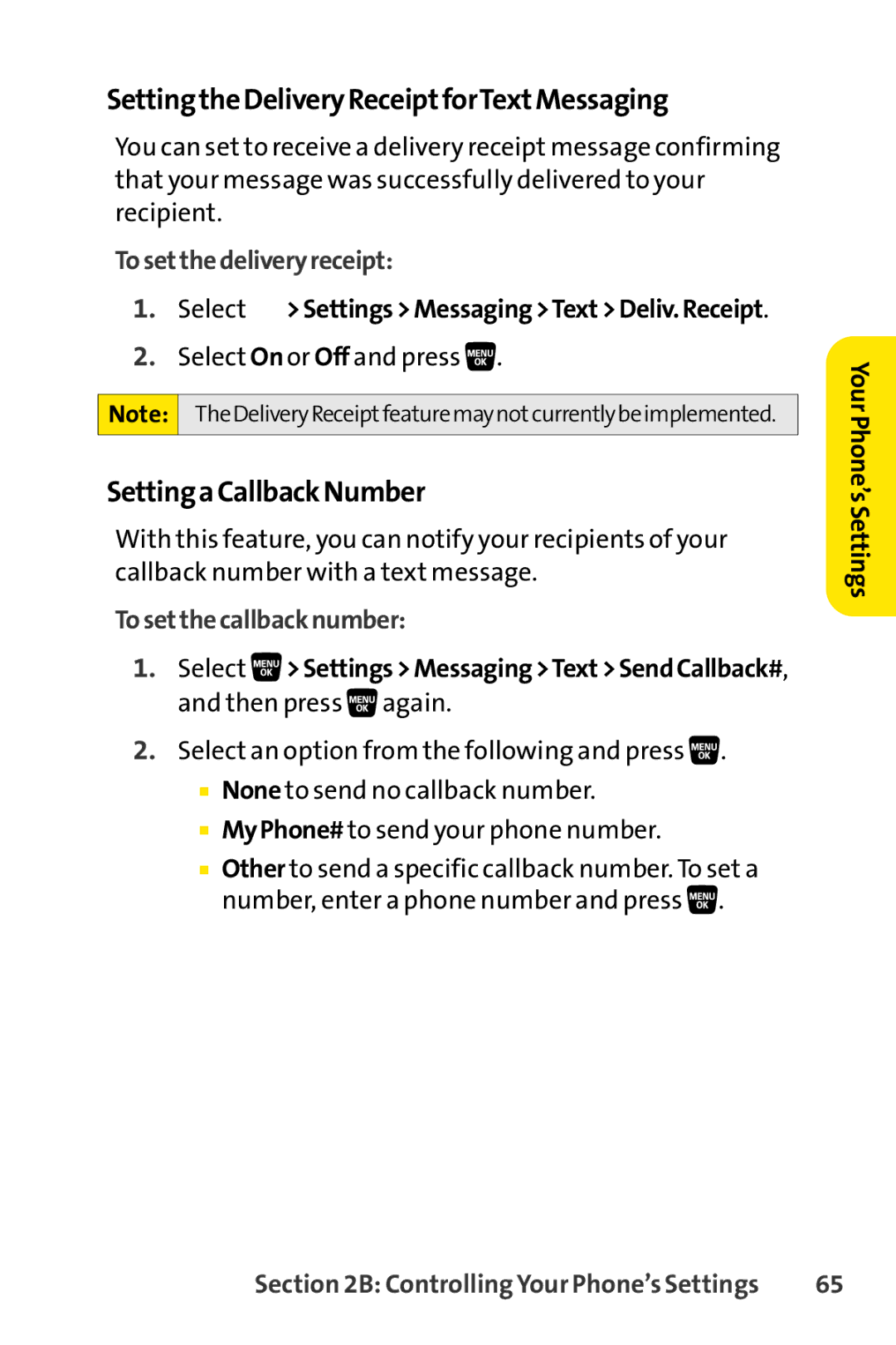 Sprint Nextel SCP-3200 manual SettingtheDeliveryReceiptforTextMessaging, SettingaCallbackNumber, Tosetthedeliveryreceipt 