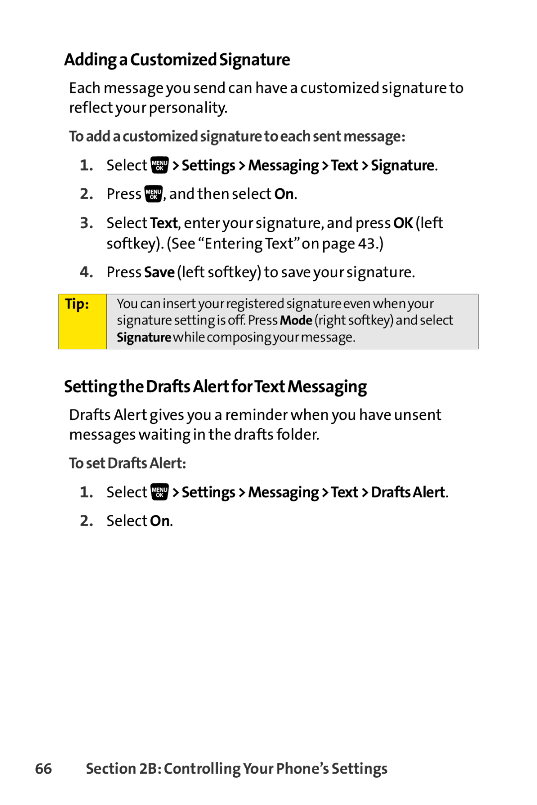 Sprint Nextel SCP-3200 manual AddingaCustomizedSignature, SettingtheDraftsAlertforTextMessaging, TosetDraftsAlert 