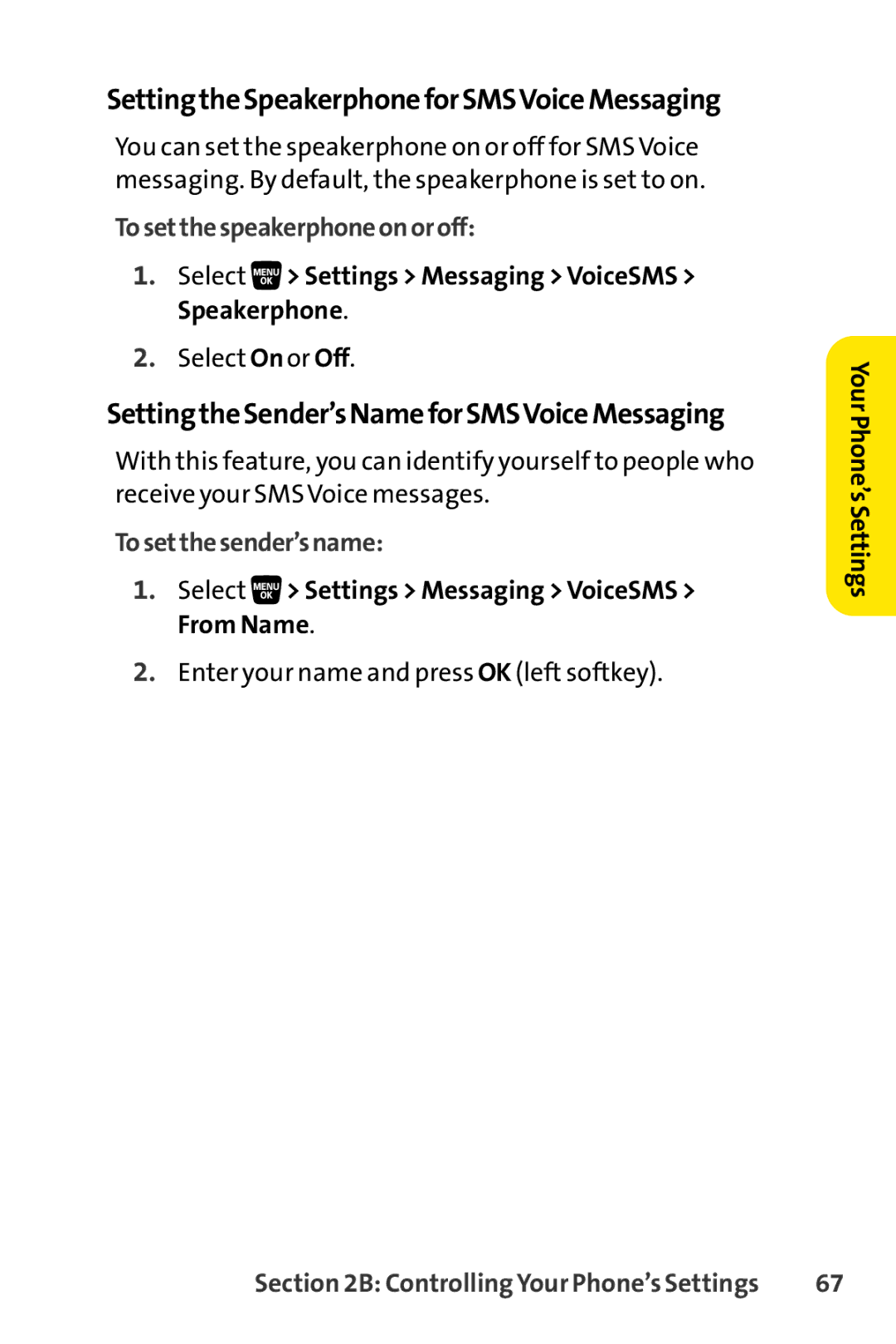 Sprint Nextel SCP-3200 manual SettingtheSpeakerphoneforSMSVoiceMessaging, SettingtheSender’sNameforSMSVoiceMessaging 