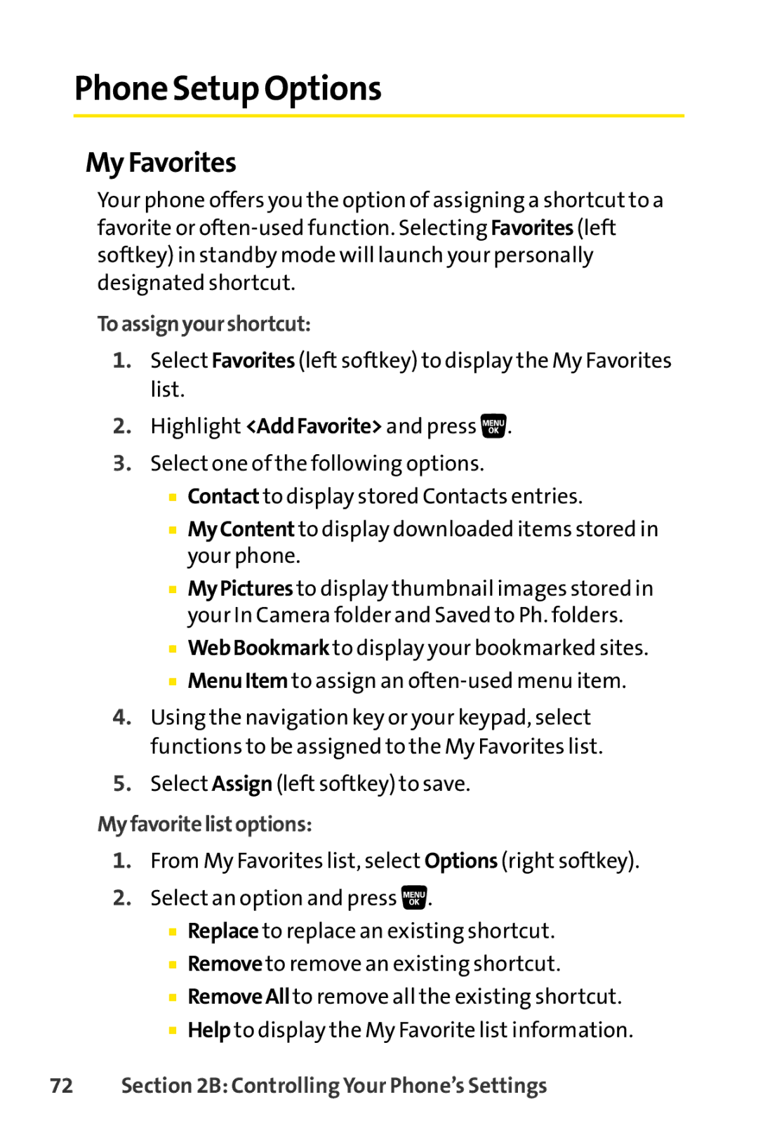 Sprint Nextel SCP-3200 manual Phone Setup Options, My Favorites, Toassignyourshortcut, Myfavoritelistoptions 