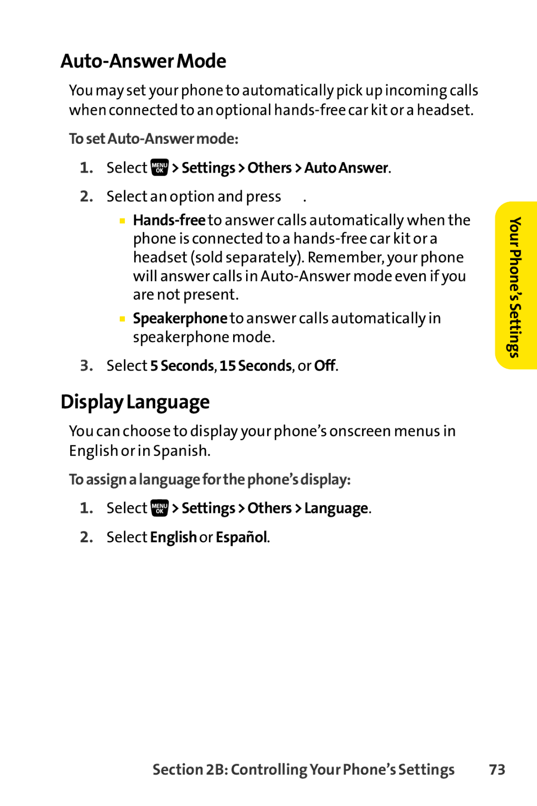 Sprint Nextel SCP-3200 Auto-Answer Mode, Display Language, TosetAuto-Answermode, Toassignalanguageforthephone’sdisplay 