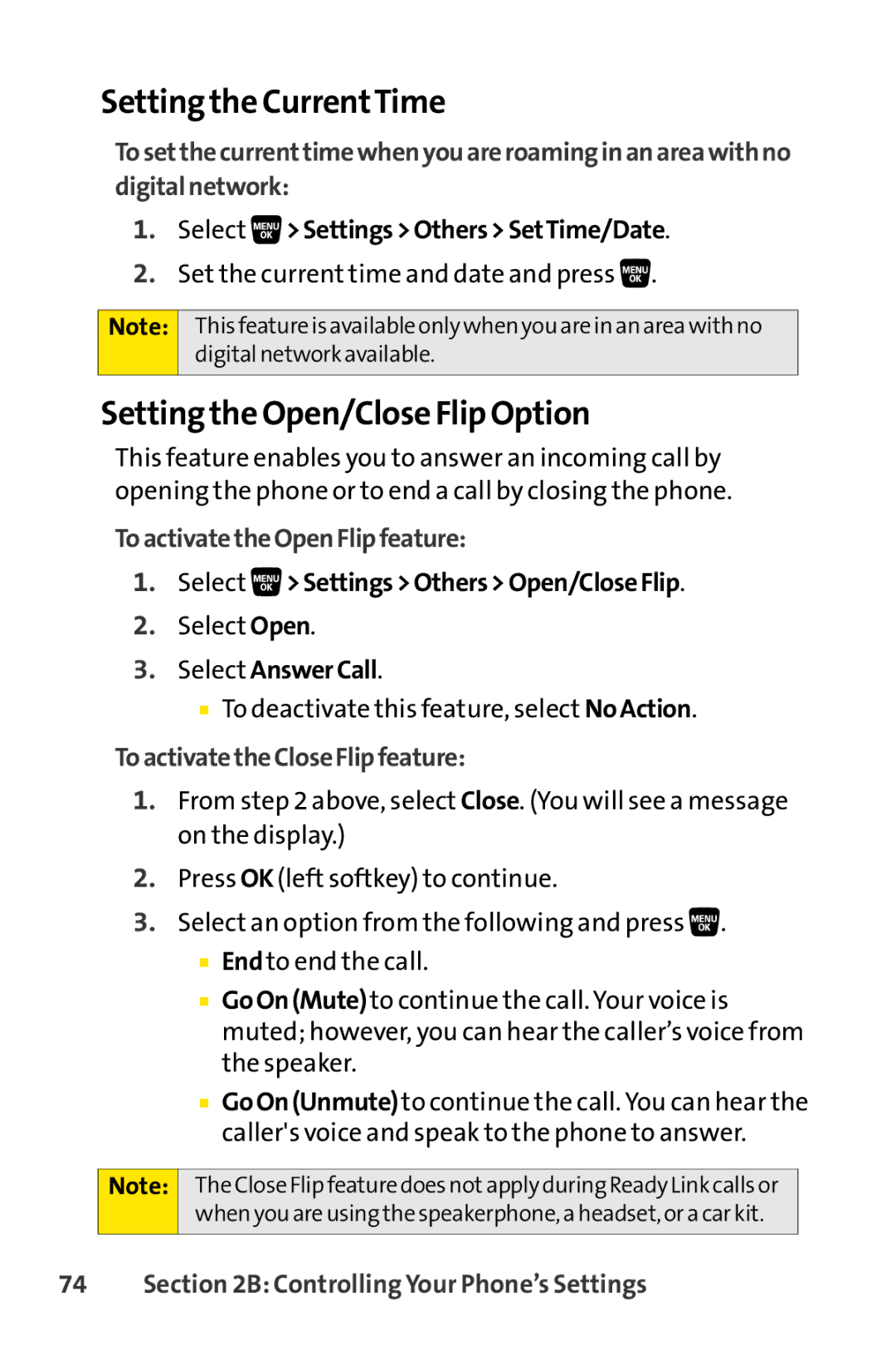 Sprint Nextel SCP-3200 manual Setting the CurrentTime, Setting the Open/Close Flip Option, ToactivatetheOpenFlipfeature 