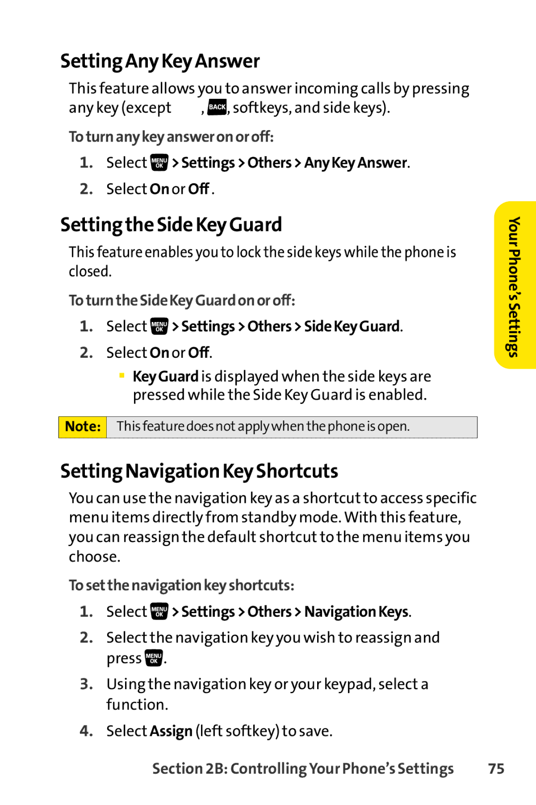 Sprint Nextel SCP-3200 manual Setting Any Key Answer, Setting the Side Key Guard, Setting Navigation Key Shortcuts 